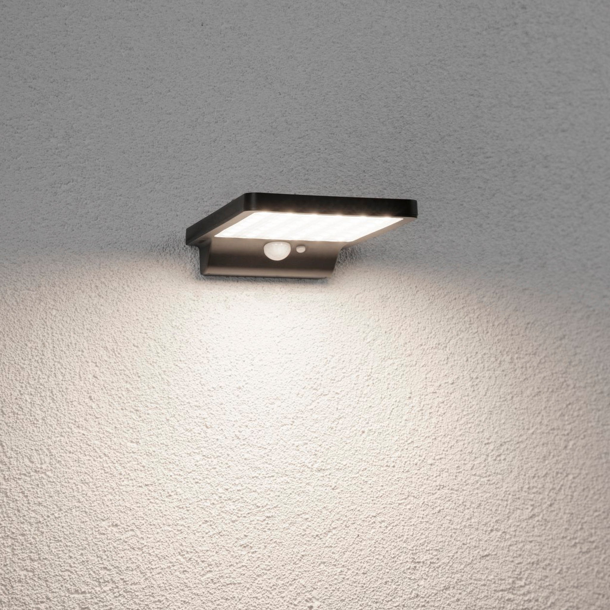 A Paulmann outdoor Solveig 4.8W LED solar wall light with motion detection in black, illuminating a textured wall.