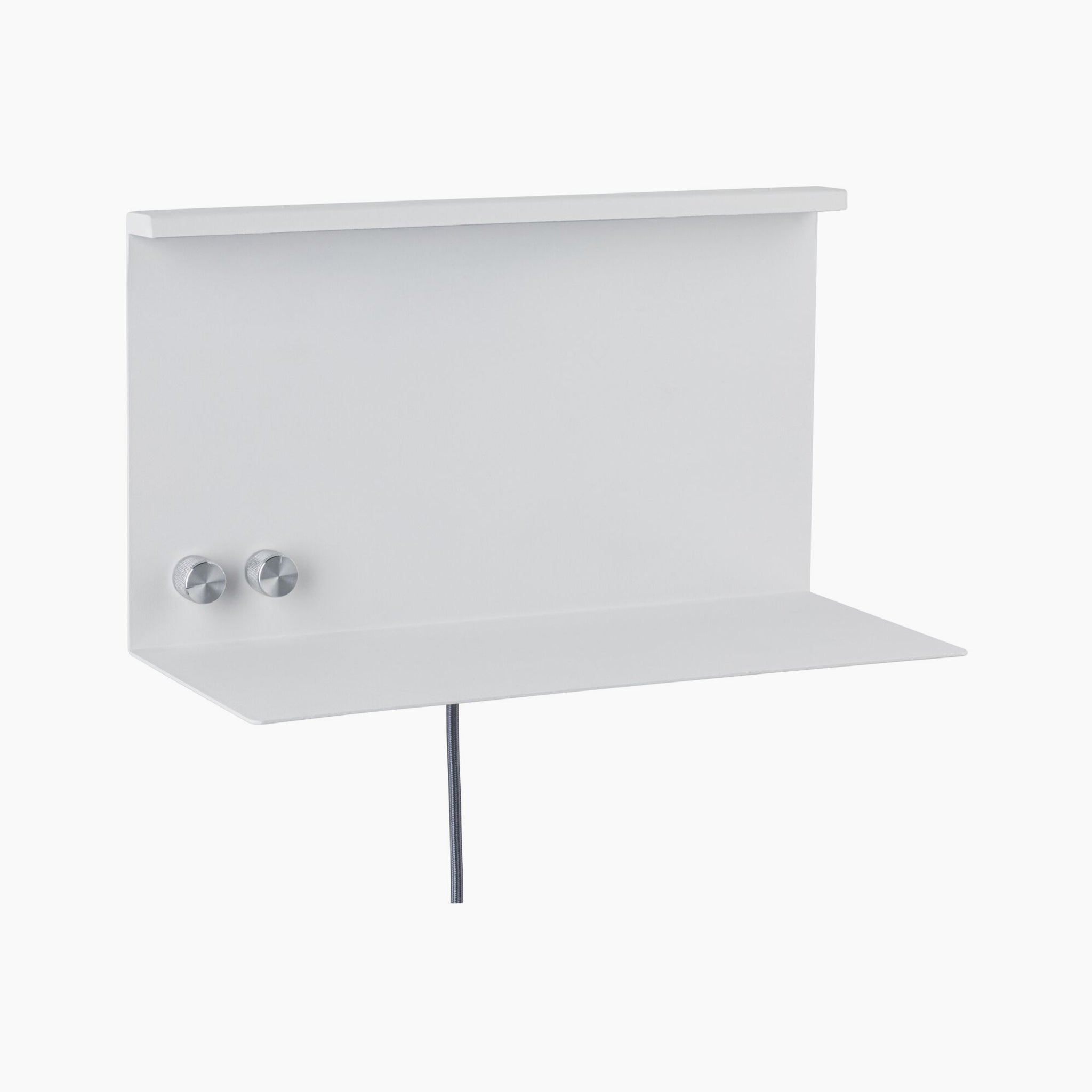 The Paulmann - Jarina 7.5W LED Dimmable Wall Light in white matt features a minimalist design with two metal knobs, a USB-C charging port, and a black cord hanging below.