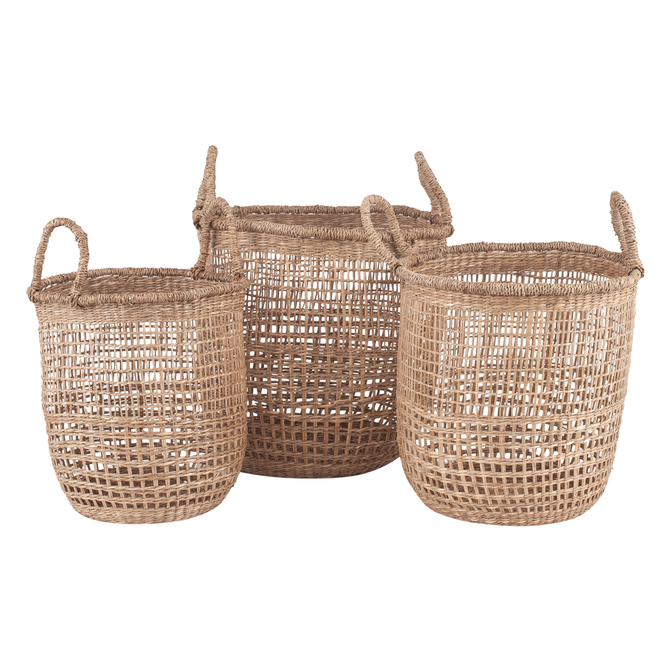 Set of 3 Open Weave Seagrass Round Handled Baskets
