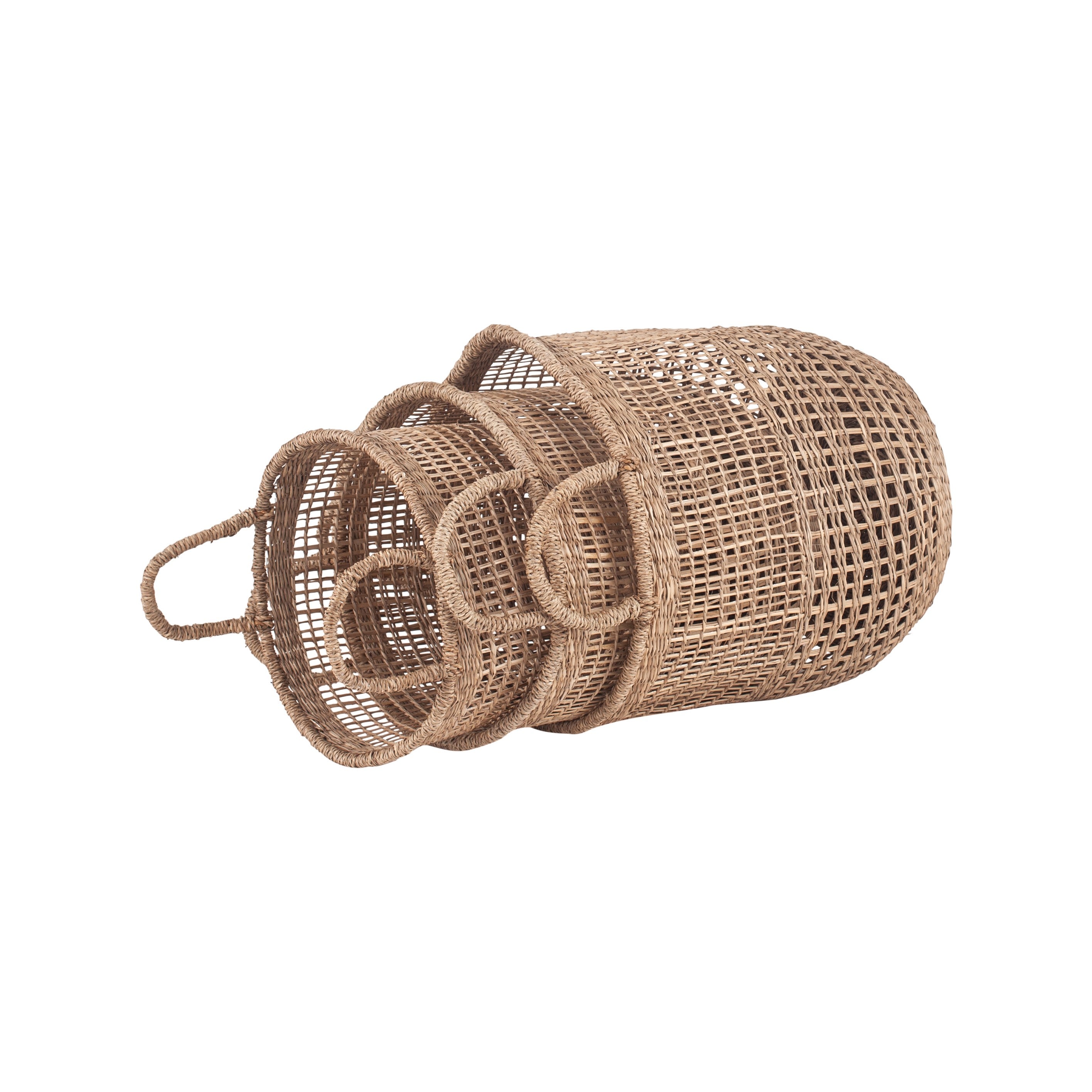 Set of 3 Open Weave Seagrass Round Handled Baskets
