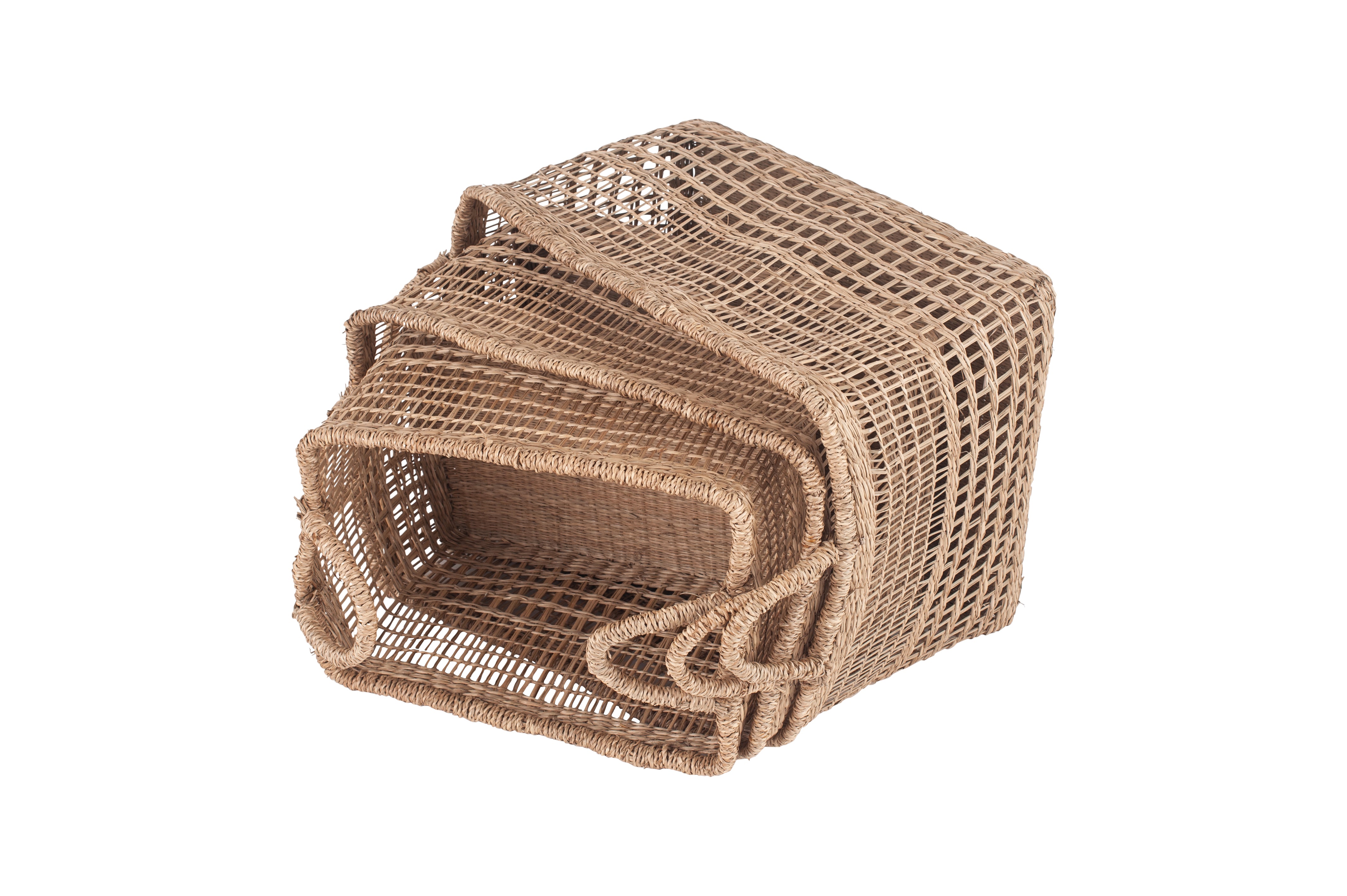 Set of 3 Open Weave Seagrass Rectangular Handled Baskets