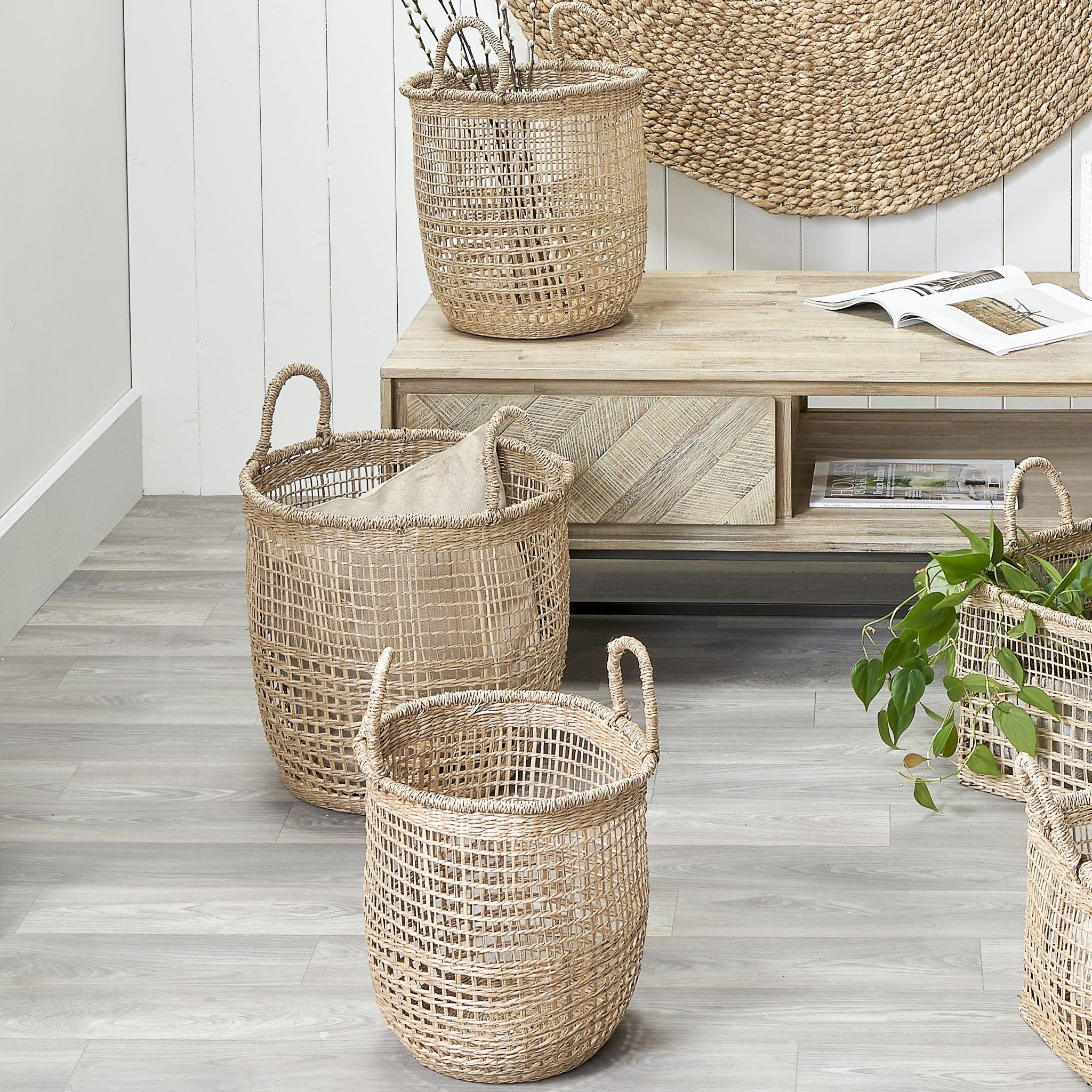 Set of 3 Open Weave Seagrass Round Handled Baskets
