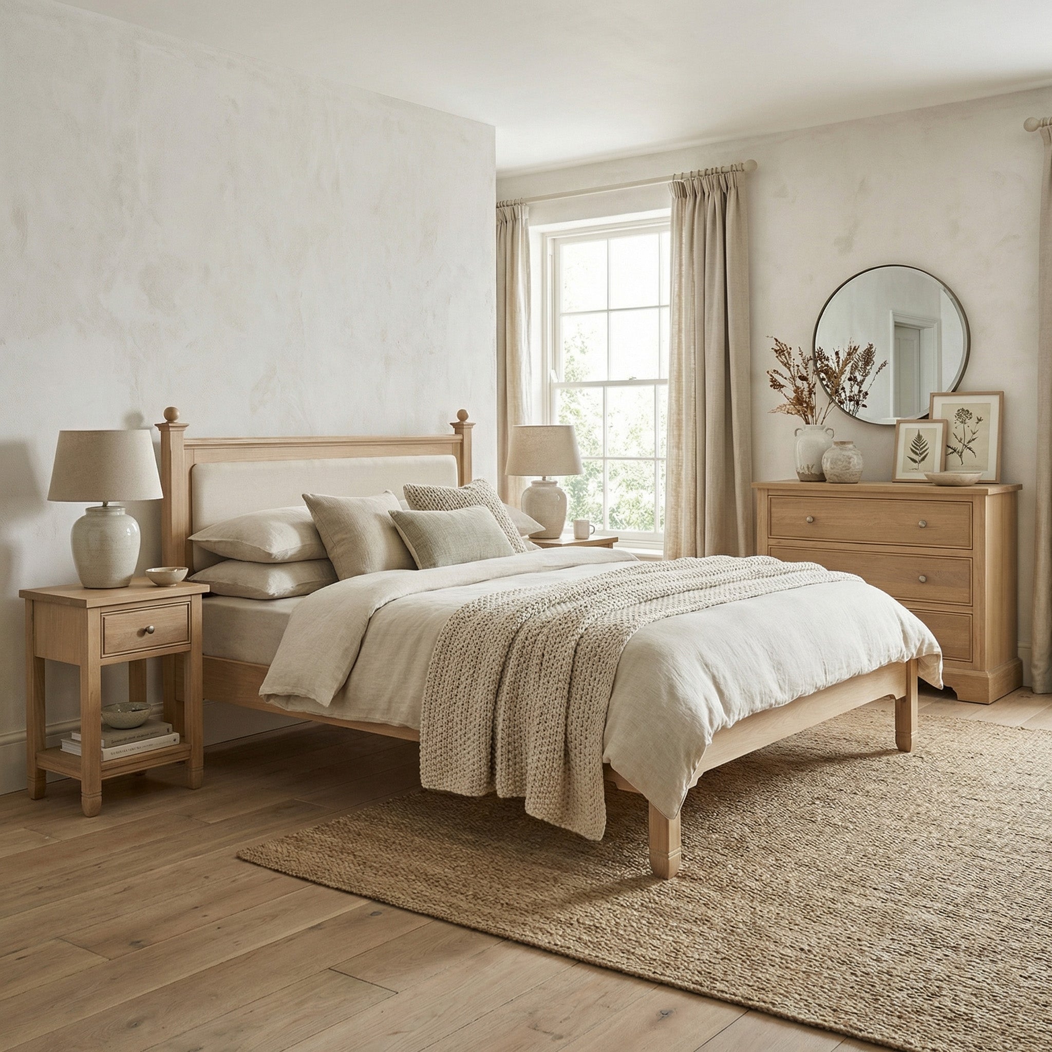 A cozy bedroom featuring the Amberley 4ft 6" Double Bed Frame in Light Oak, nightstands, dresser, round mirror, and neutral accents—ideal for fans of country-style bedroom furniture.