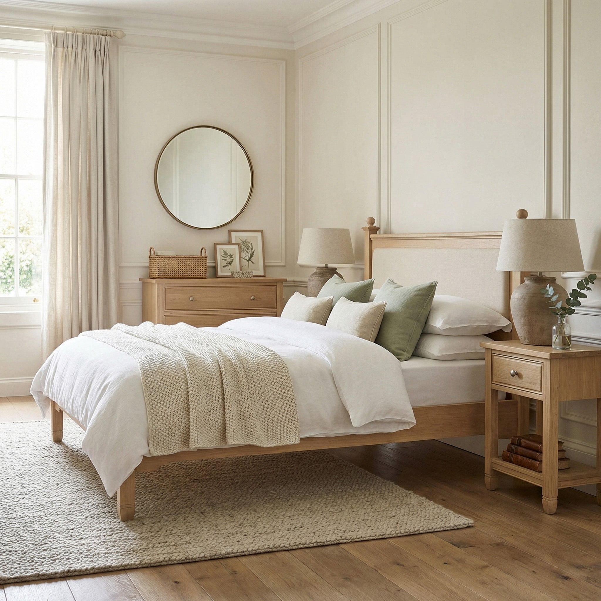 Bright, neutral bedroom with cozy bedding, a round mirror above the Amberley 4ft 6" Double Bed Frame in Light Oak, matching country furniture, and a dresser.