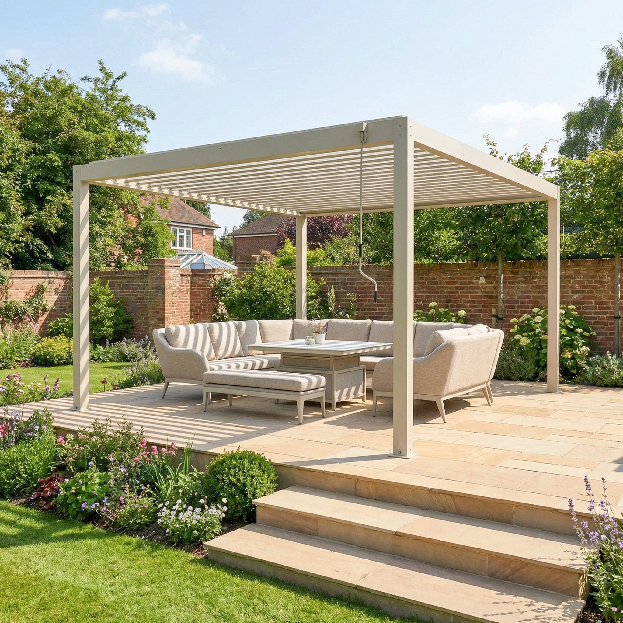 The PergoSTET Plus 4m x 4m Square Pergola with LED Lighting in Latte features clean lines and a waterproof roof, perfect for year-round enjoyment on your patio surrounded by greenery.