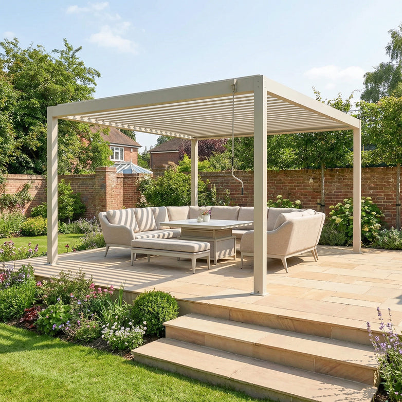The PergoSTET Plus 4m x 4m Square Pergola with LED Lighting in Latte (frame only) adds a modern touch to your patio, ideal for stylish outdoor relaxation in your garden.