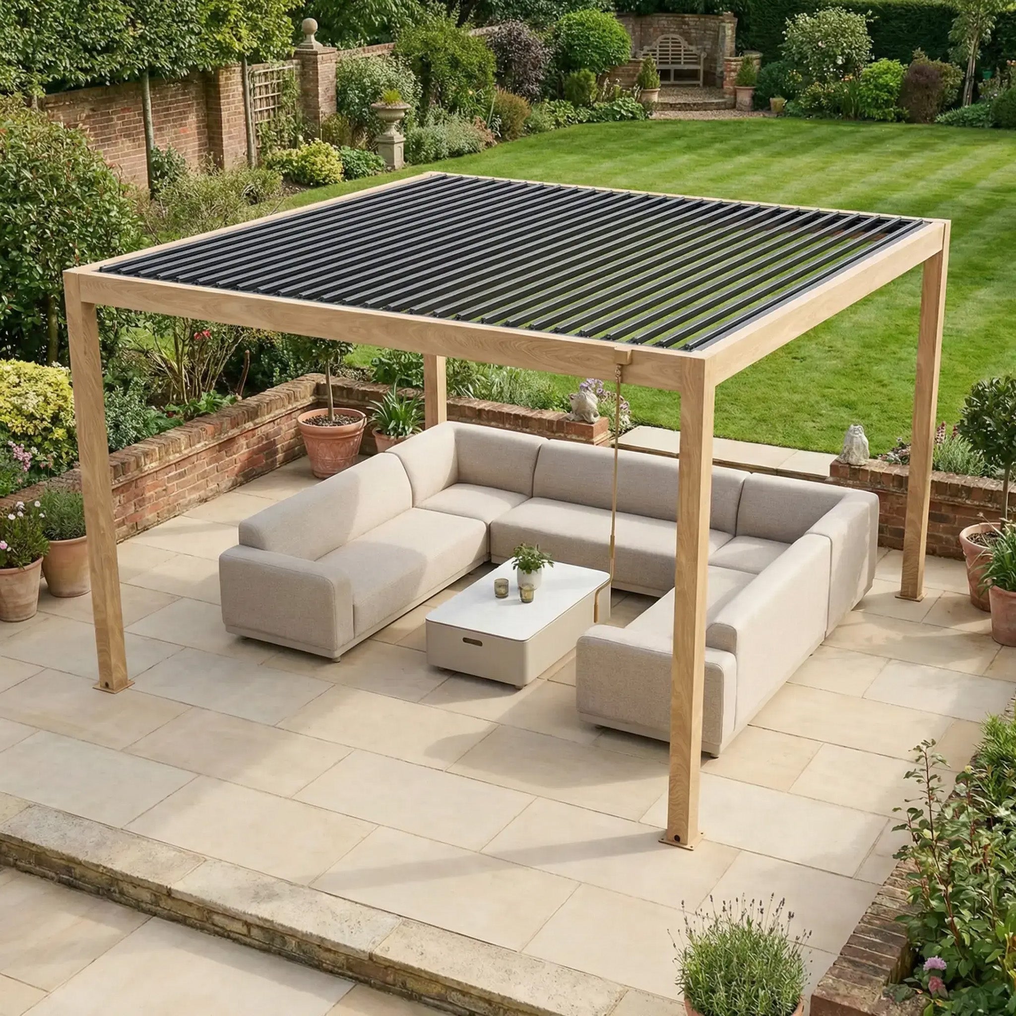 The PergoSTET Plus Frame Only 4m x 4m Square Pergola with LED Lighting in Wood Effect creates a stylish garden retreat, sheltering a beige outdoor sectional sofa and table on a tiled patio.
