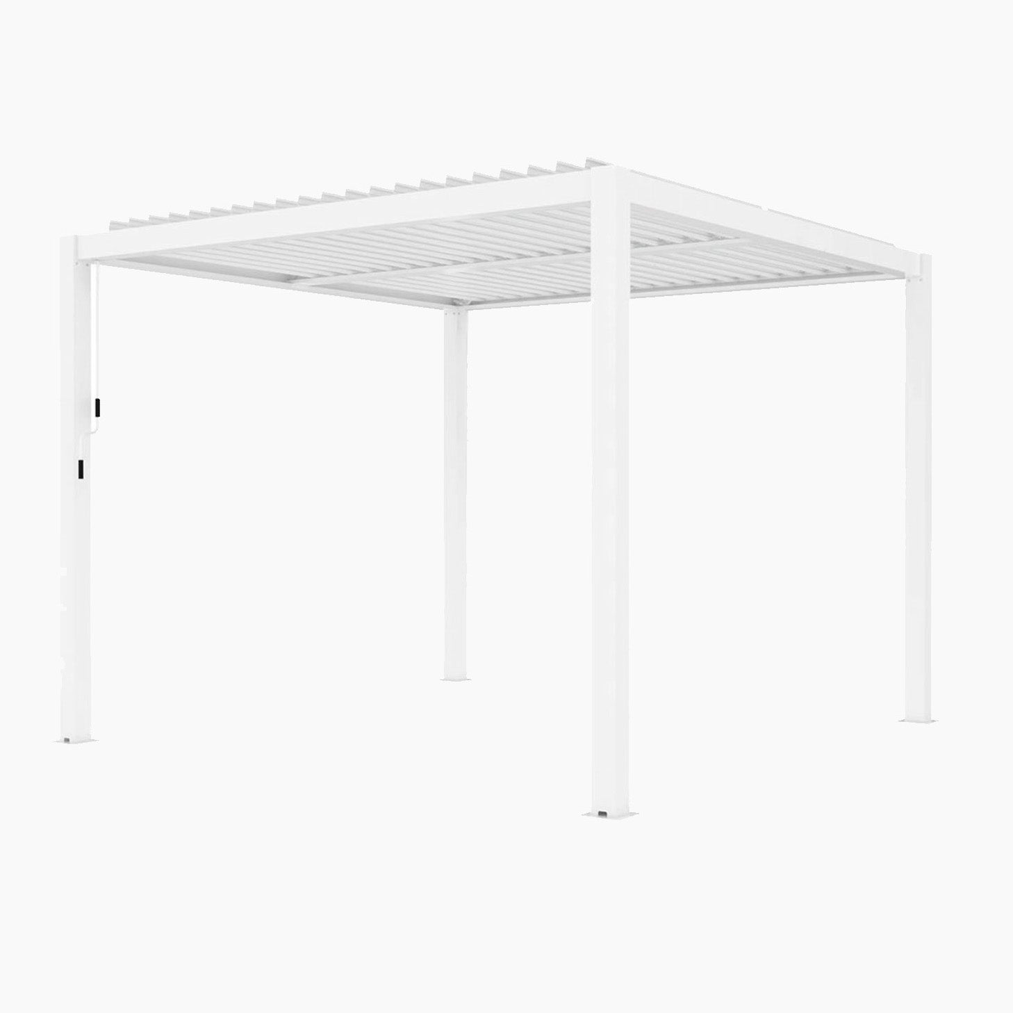 The PergoSTET Plus 4m x 4m Square Pergola with LED Lighting (Frame Only, White) features a four-leg design and slatted roof with drainage system, shown here against a plain white background.