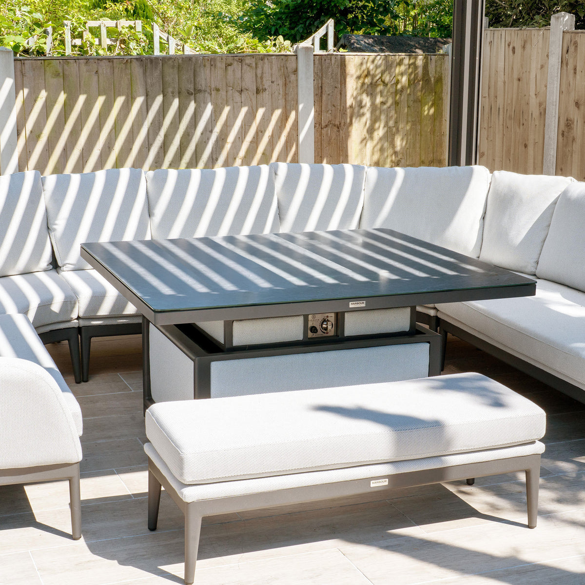 Luna UShape Outdoor Fabric Corner Dining with Rising Table in Oyster