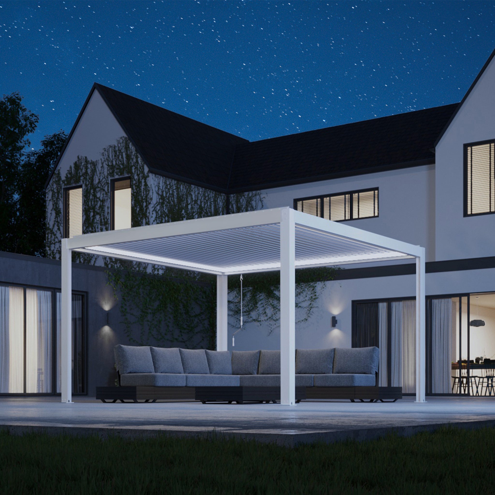 Modern patio with a PergoSTET Plus 4m x 4m Square Pergola, white frame only and LED lighting, paired with minimalist outdoor seating, under a clear night sky.