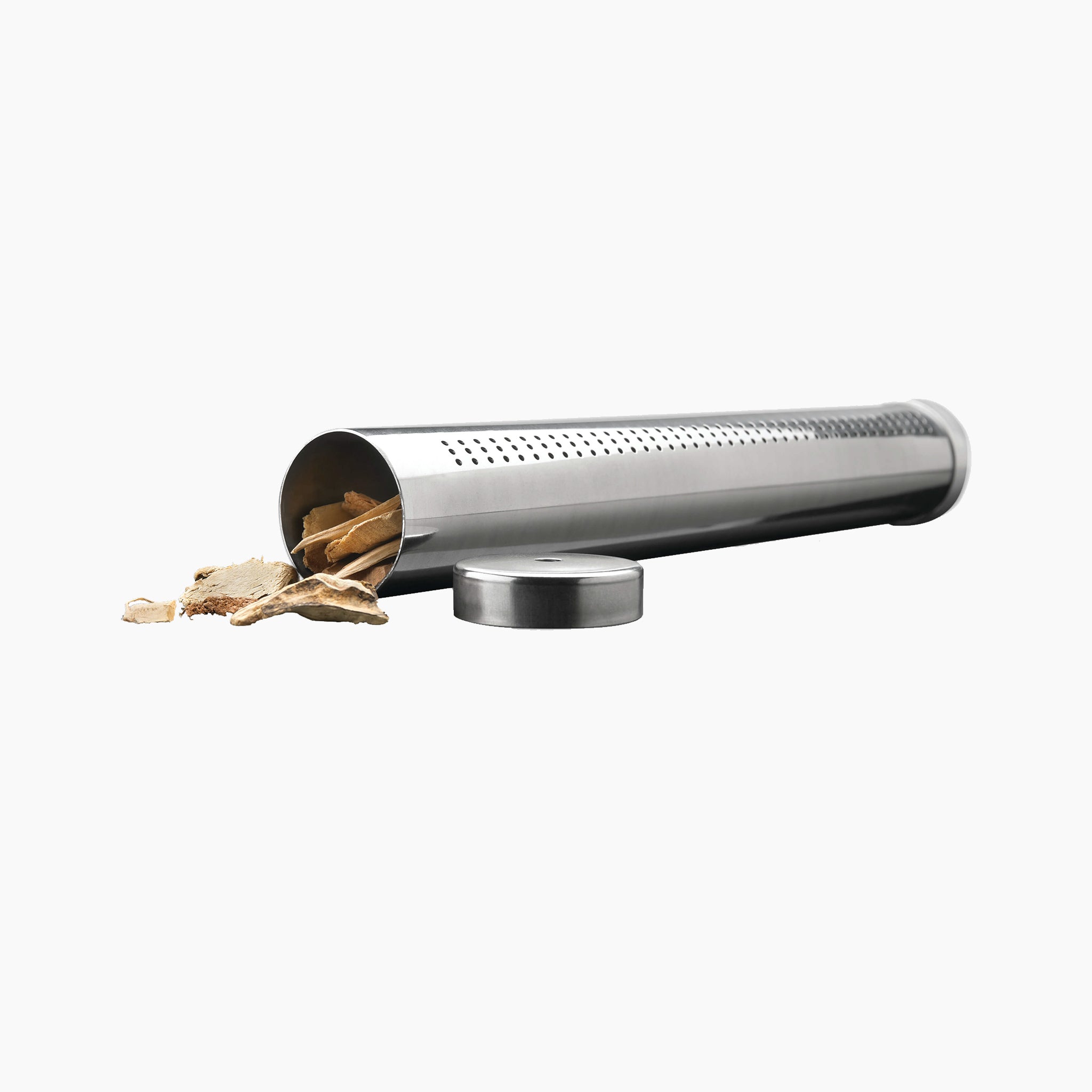 The Napoleon Smoker Starter Kit, featuring a stainless steel tube and four wood chip samples, displayed on a white background.