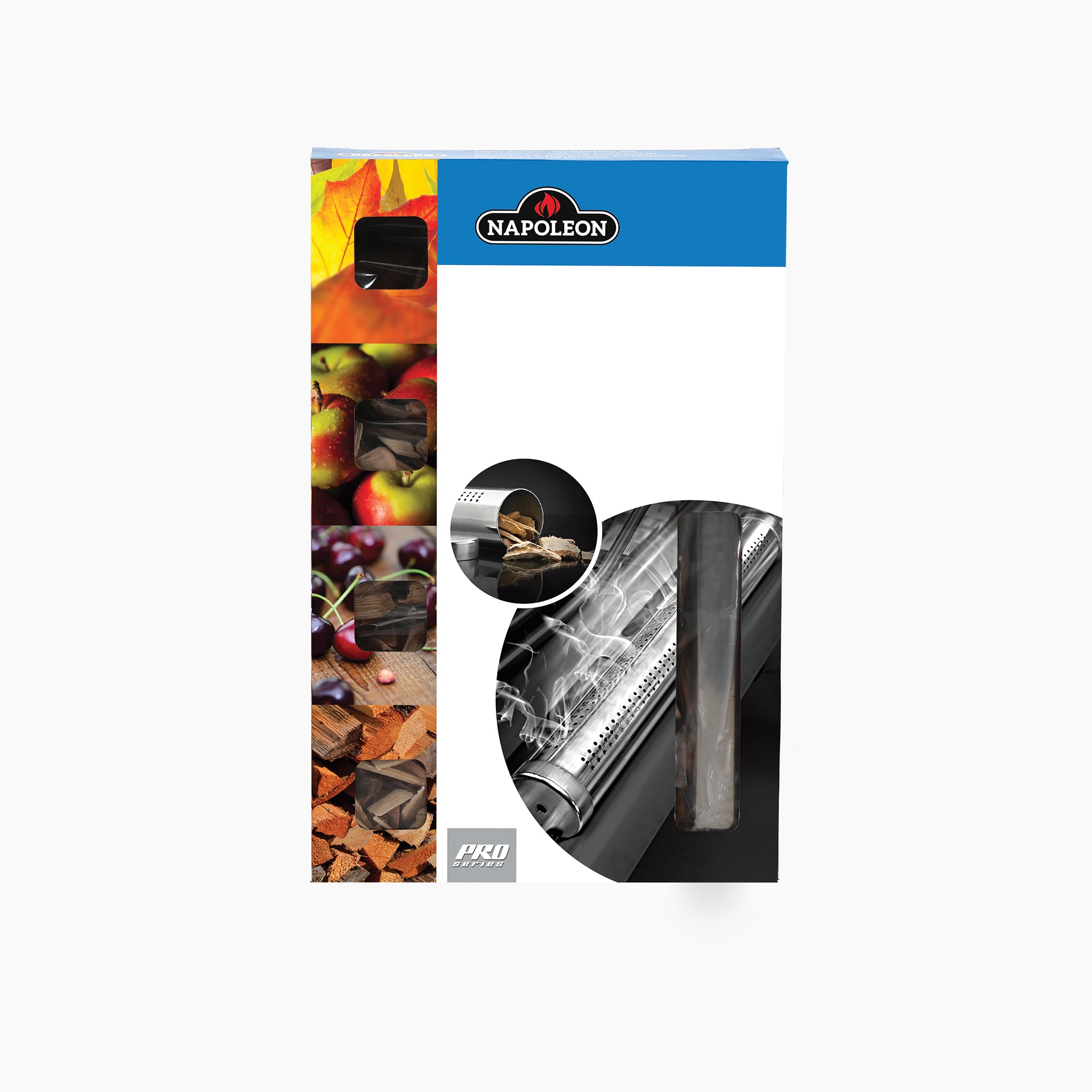 Napoleon - Smoker Starter Kit, Tube & 4 Samples box shown with images of wood chips, fruits, and a grill tube on a white background.