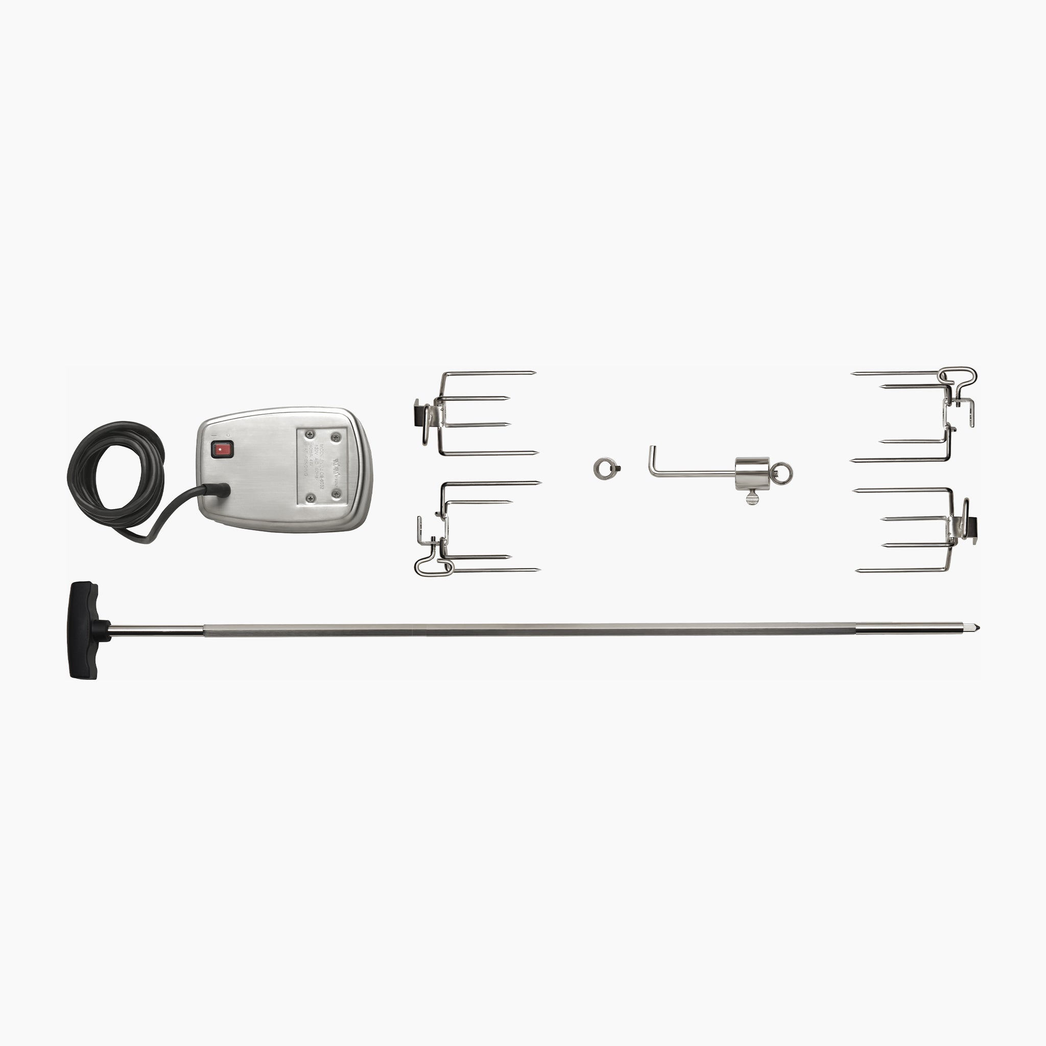 Parts of the Napoleon Commercial Grade Rotisserie Kit for Large Grills (450/485/500), including a powerful motor, stainless steel spit rod, forks, and mounting hardware, are displayed on a white background.