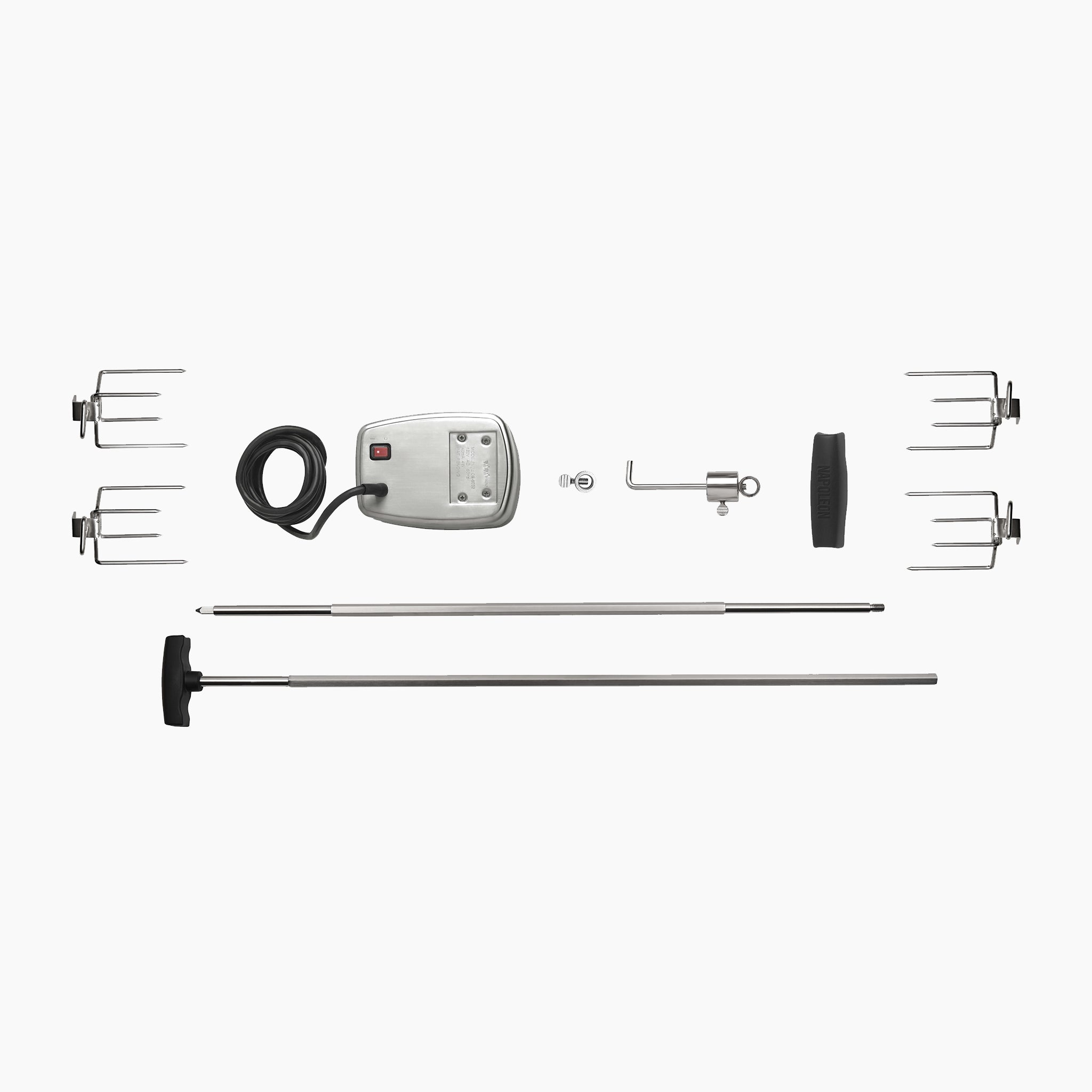 Napoleon - Commercial Grade Rotisserie Kit (For PRO825) shown with motor, forks, rods, handle, and hardware arranged on a white background.