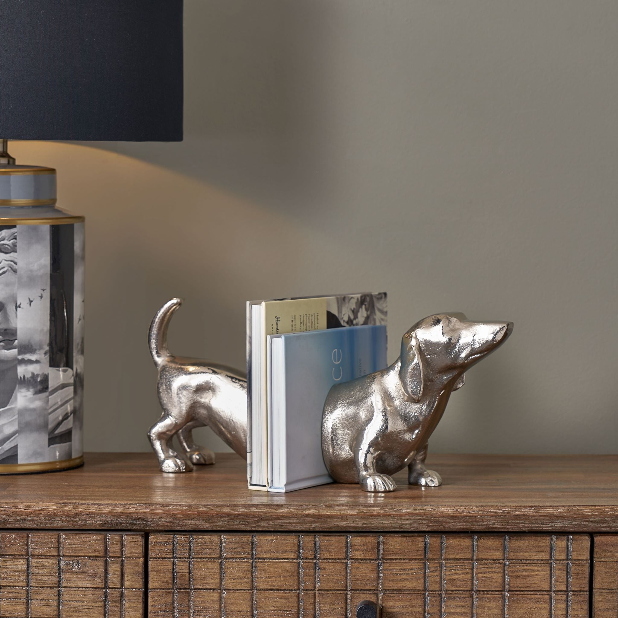 Silver Metal Sausage Dog Book Ends