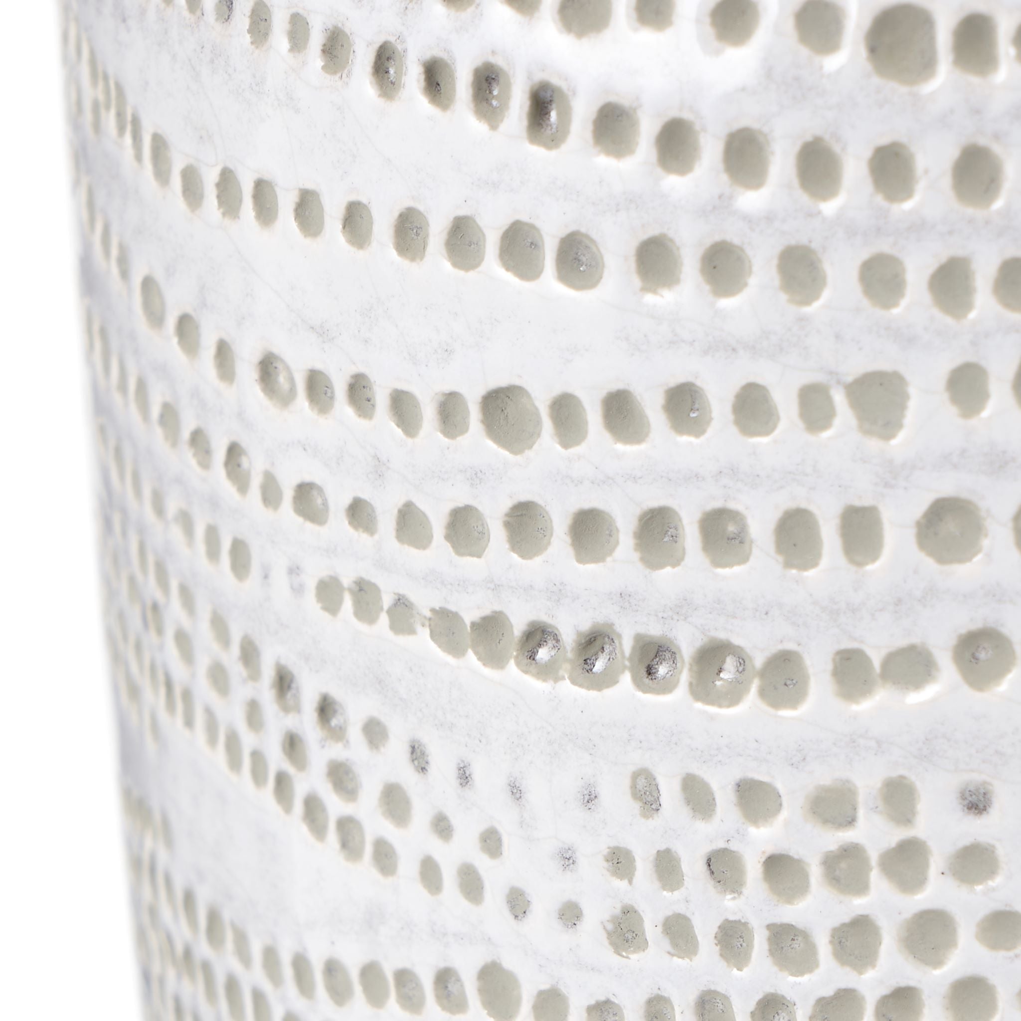 Close-up of the Pacific Lifestyle Alina Dot Design Small Stoneware Vase in white, featuring a textured surface with raised circular dots arranged in horizontal patterns.