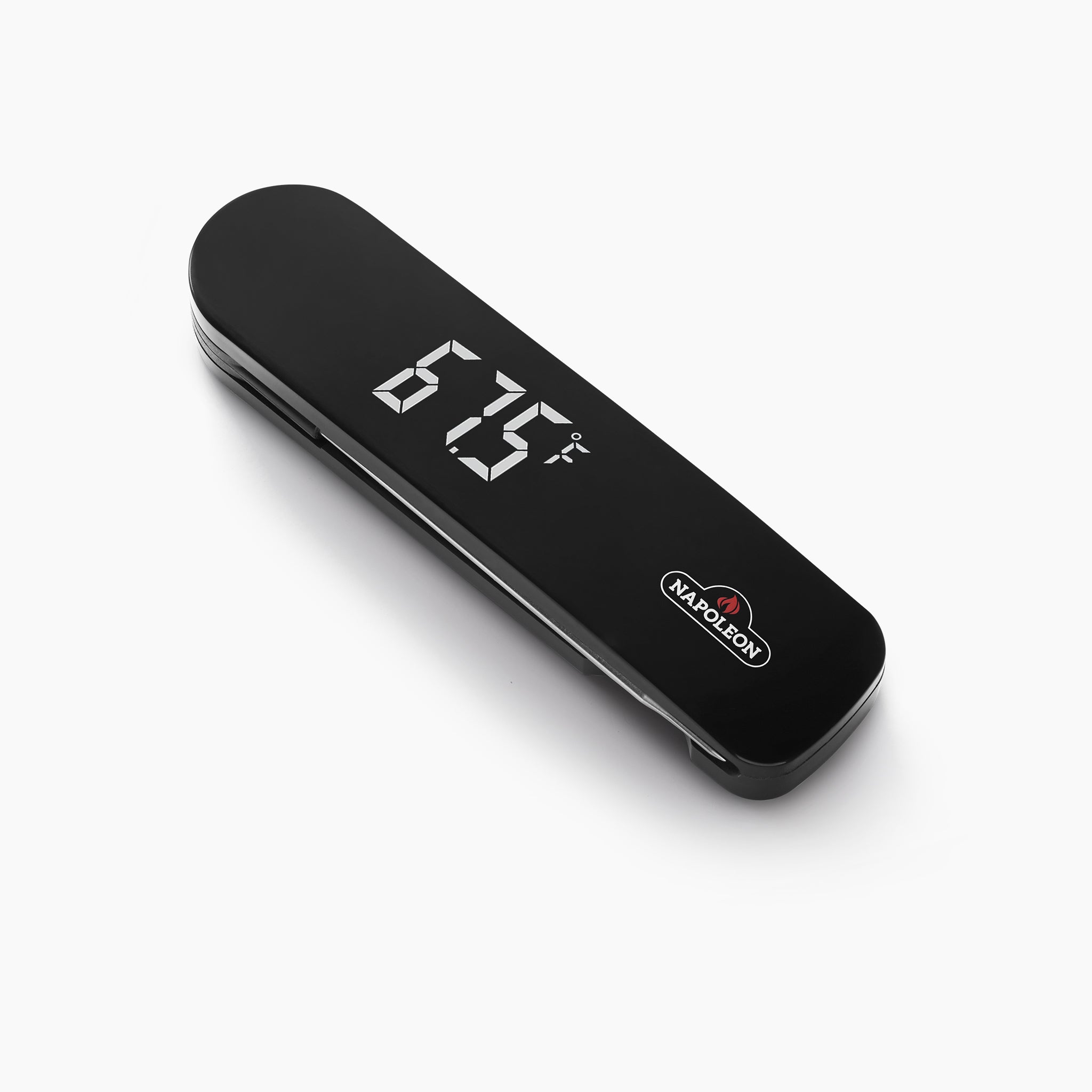 The Napoleon - Fast Read Thermometer, in black, displays 67.5°F with a Napoleon logo on the lower right, shown against a white background.