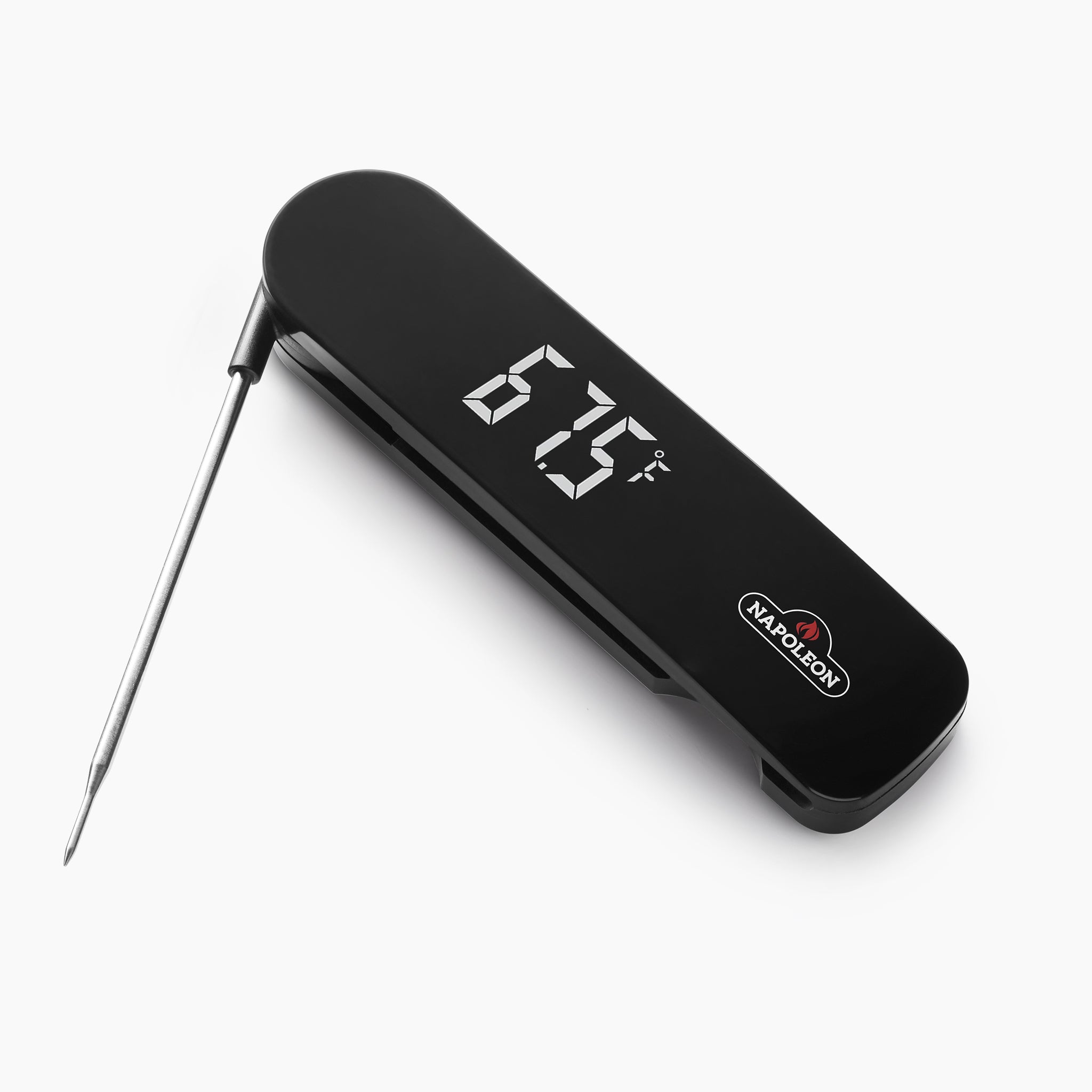 The Napoleon - Fast Read Thermometer is a black digital meat thermometer displaying 67.5°F, featuring a fold-out metal probe and the Napoleon logo.