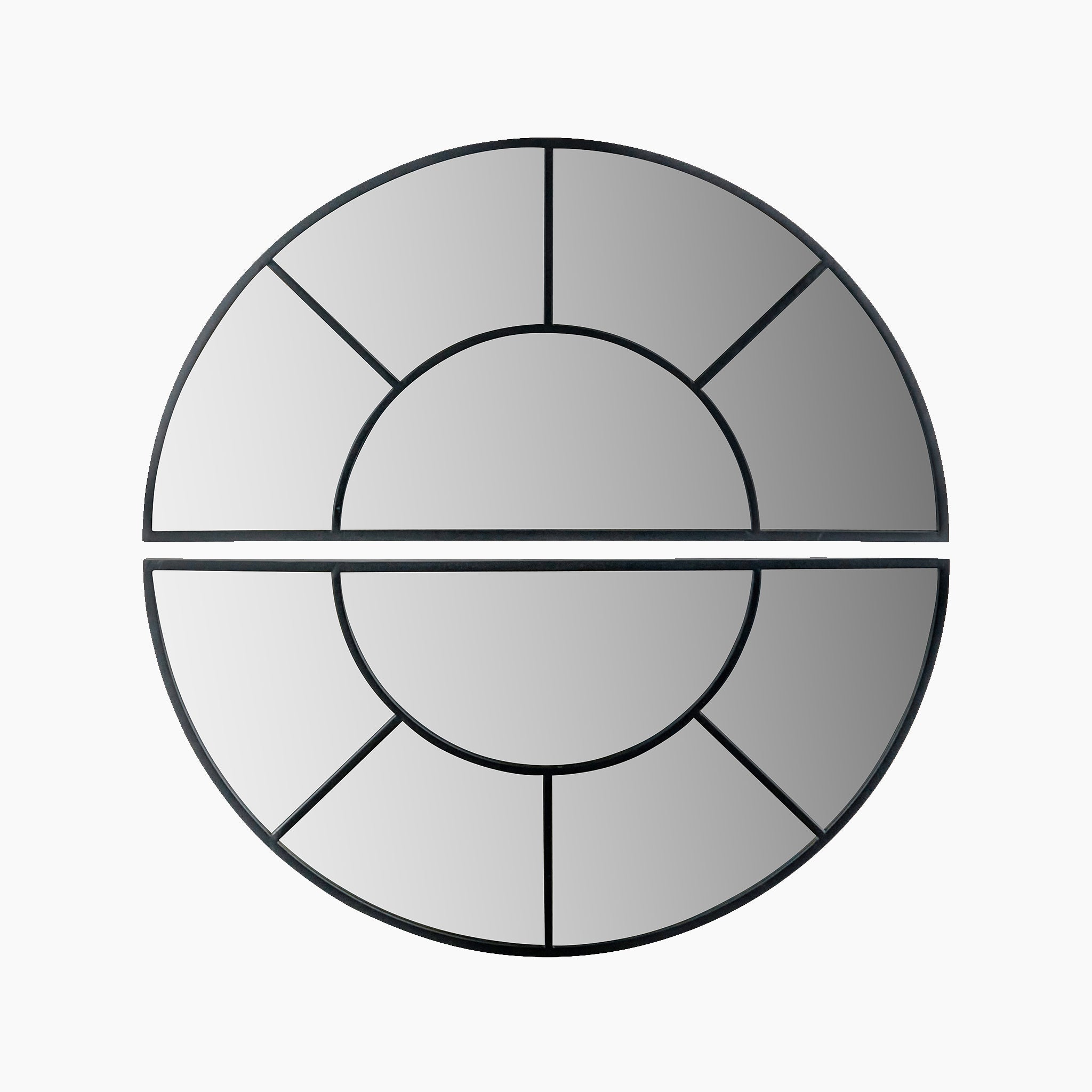 The Pacific Lifestyle Black Metal 2 Half Moon Section Wall Mirror showcases a round design with a sleek black frame, featuring horizontal and radial segments that form an eye-catching geometric pattern, perfect as a standout feature in any room.