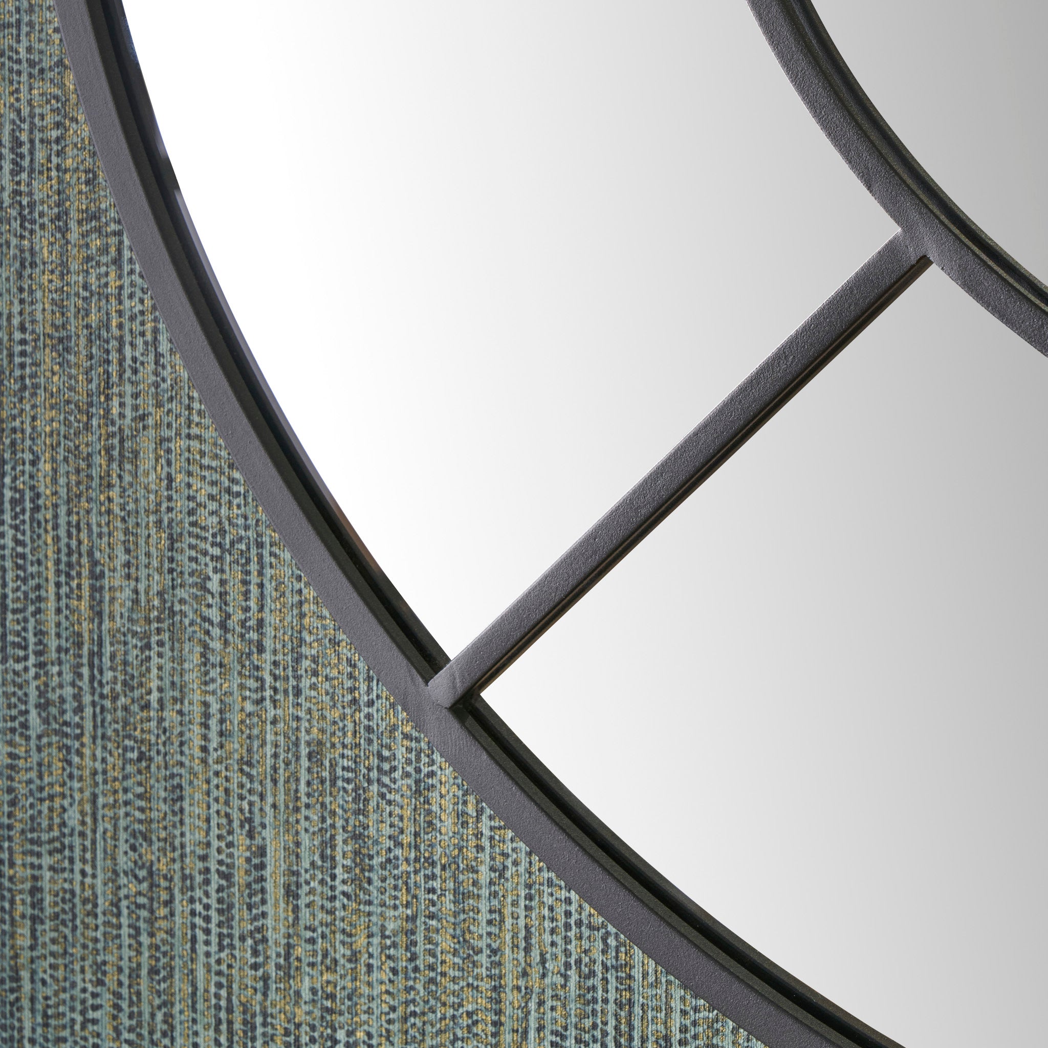 The Pacific Lifestyle Black Metal 2 Half Moon Section Wall Mirror features a sectional design divided by a dark frame, creating an elegant feature piece with textured fabric panels for any room.