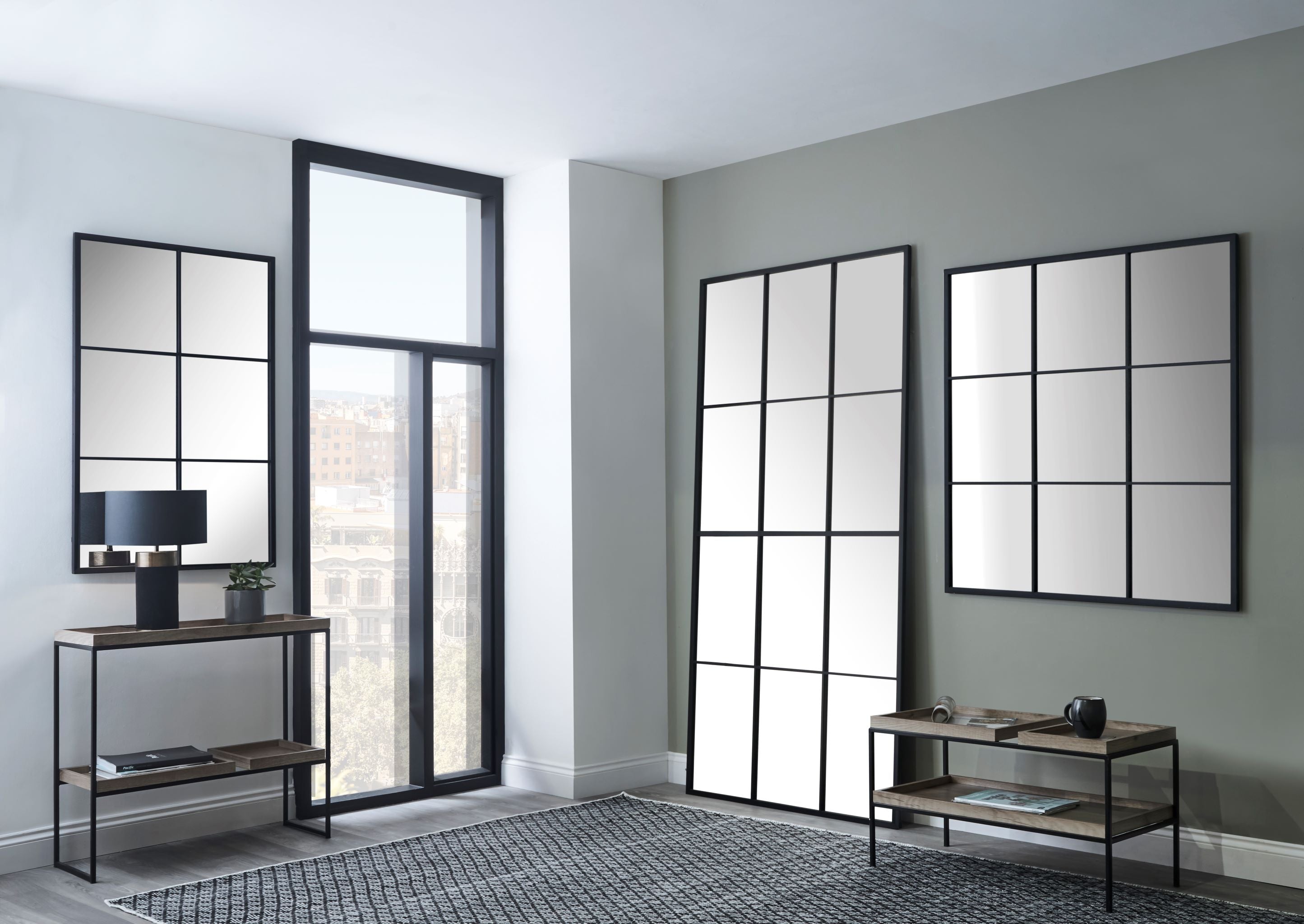 Dark Grey Metal 6 Section Rectangular Wall Mirror