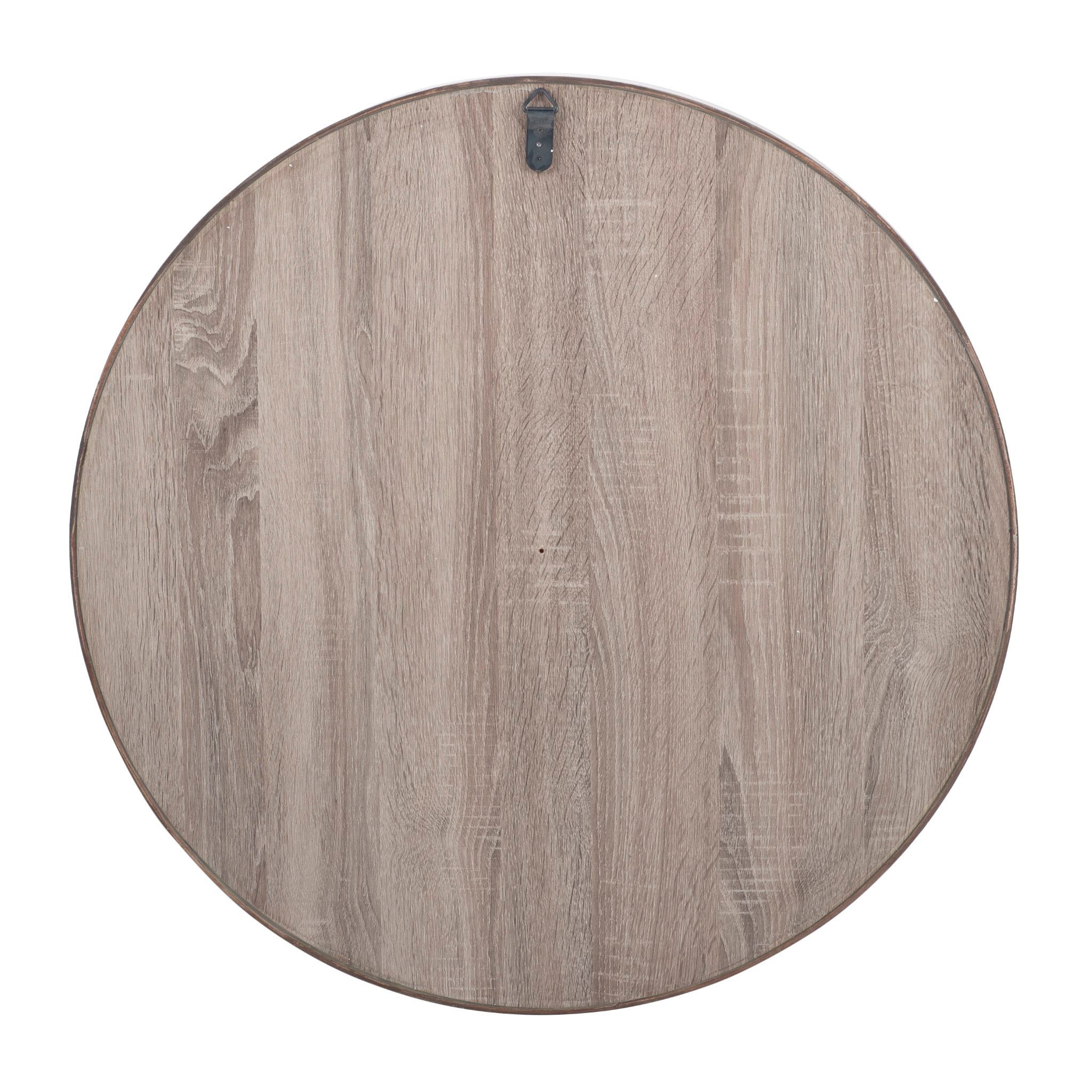 The Pacific Lifestyle Natural Wood Veneer Round Wall Mirror showcases a minimalist modern design with a natural wood veneer that highlights grain patterns and includes a hook for hanging.