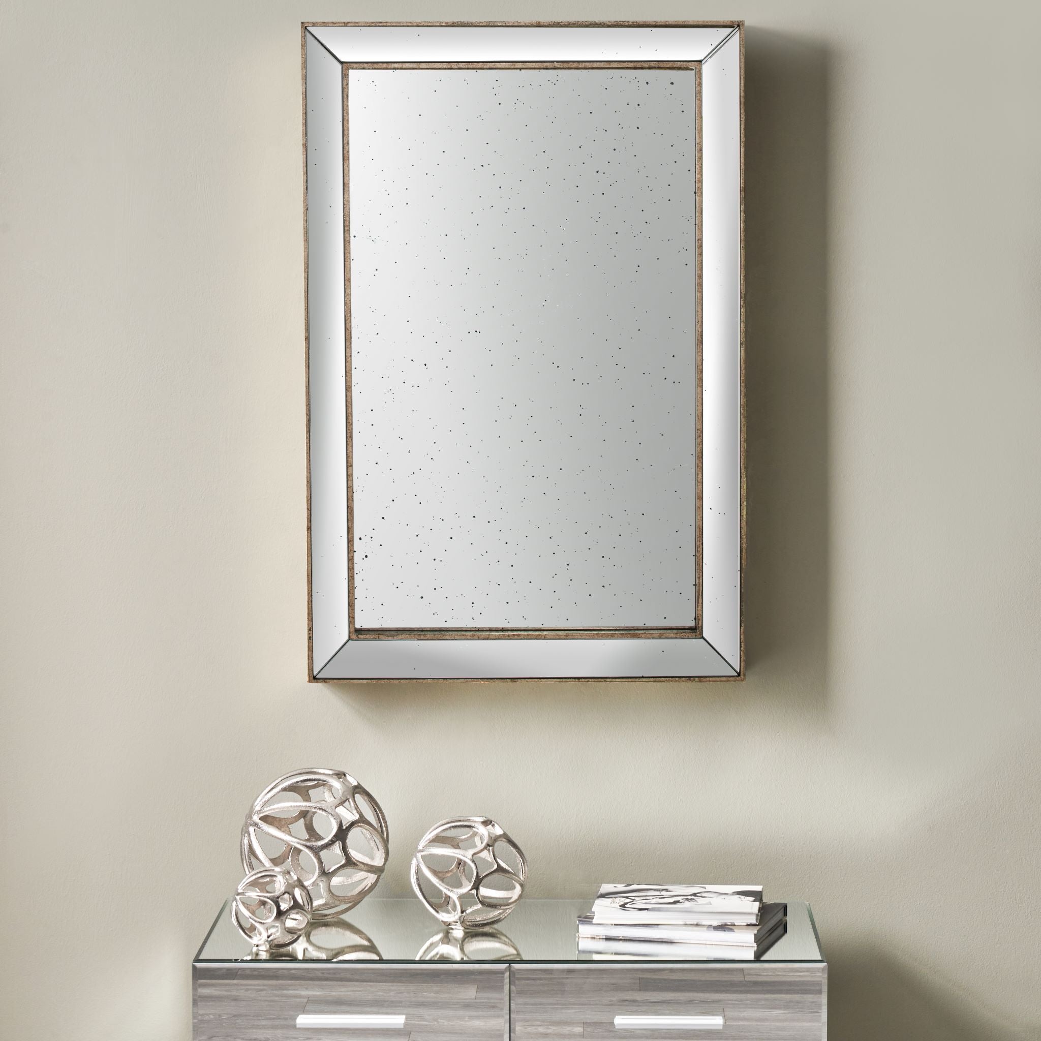 Antique Gold Metal and Foxed Glass Rectangular Mirror