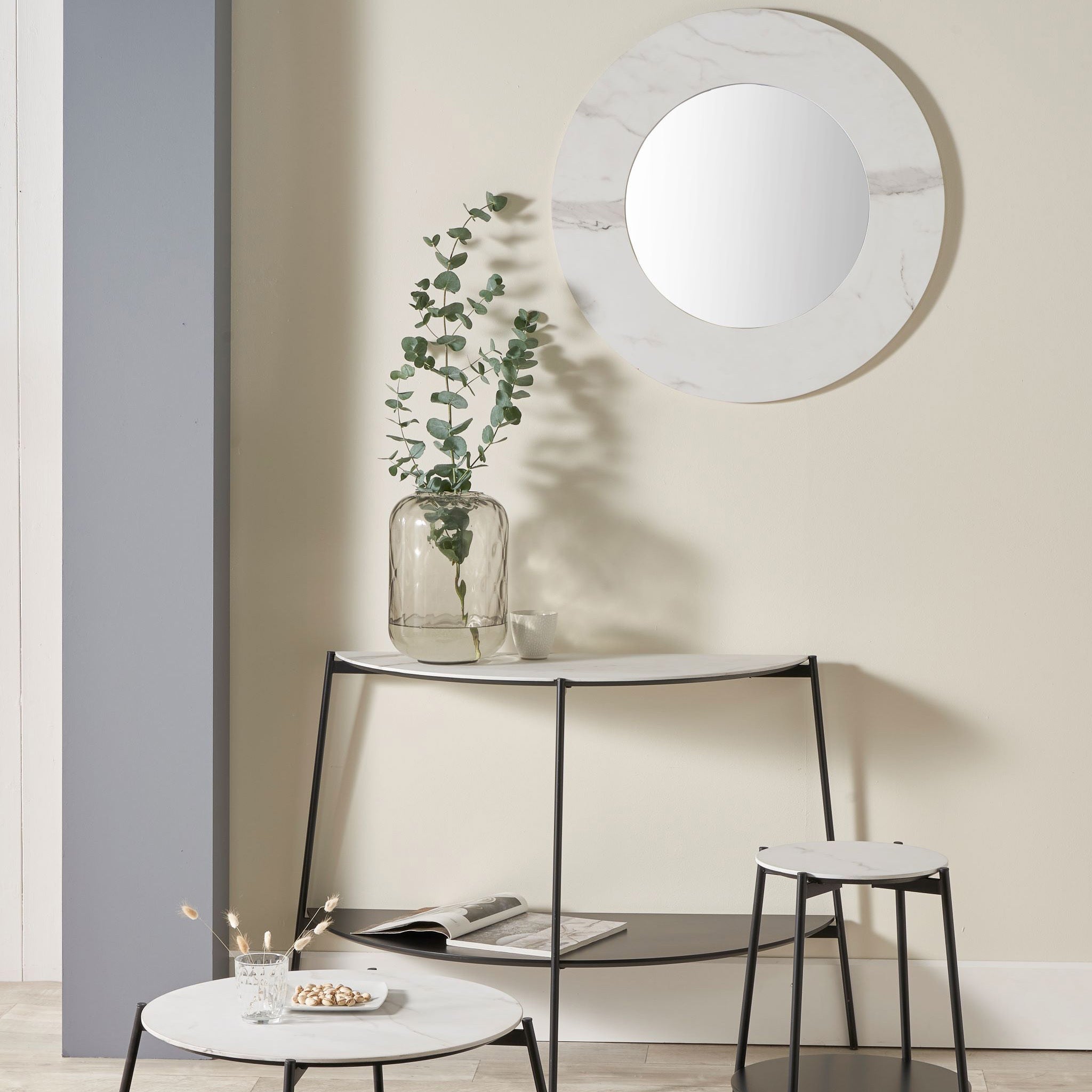 White Marble Veneer Round Wall Mirror