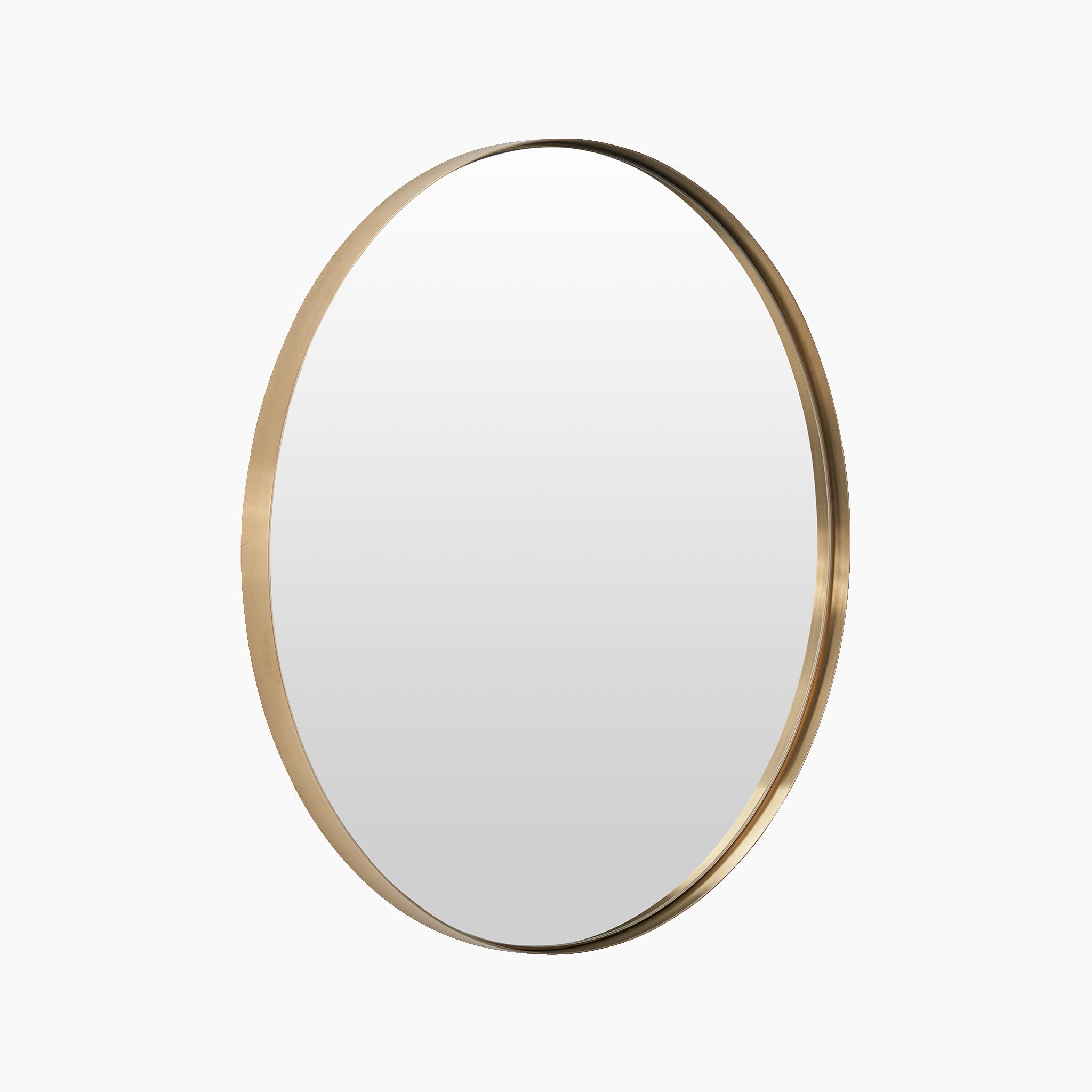 Pacific Lifestyle offers a small round wall mirror with a slim frame in brushed gold on a white background.