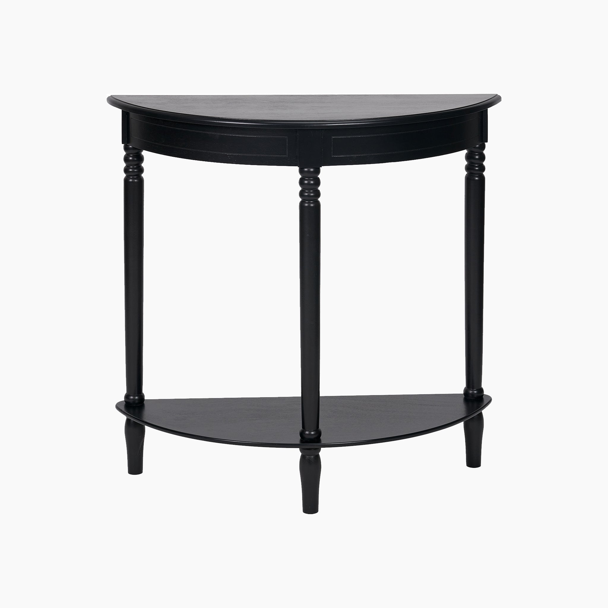 The Pacific Lifestyle Heritage Black Pine Wood Half Moon Console Table is a semicircular piece with four legs and a lower shelf. Made from durable materials, it's a classic addition for lasting elegance.