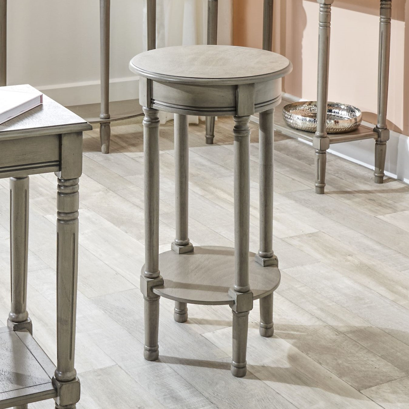 Heritage Taupe Pine Wood Round Accent Table