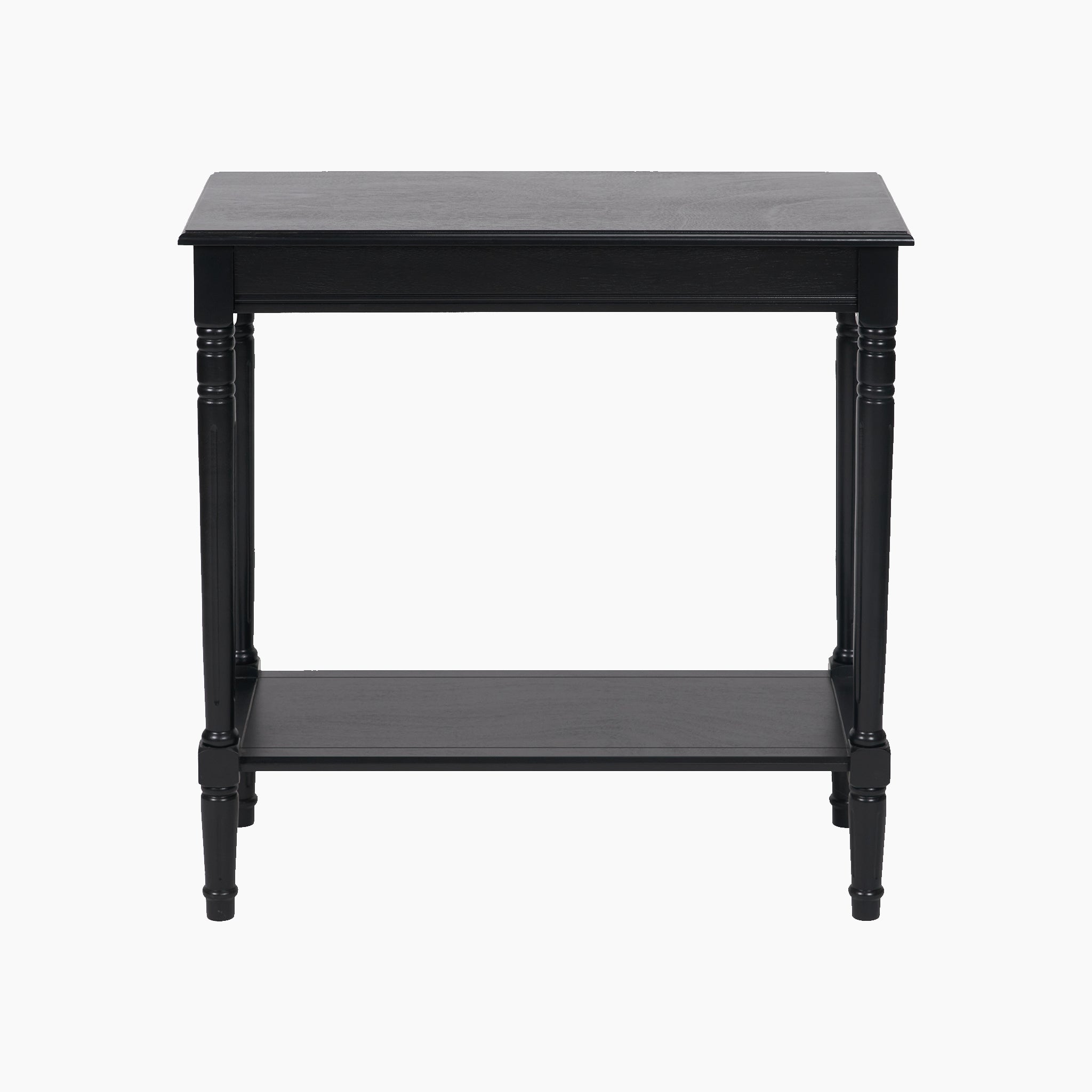 The Pacific Lifestyle Heritage Black Pine Wood Console Table features decorative legs and a lower shelf, perfect for stylish storage in smaller spaces.
