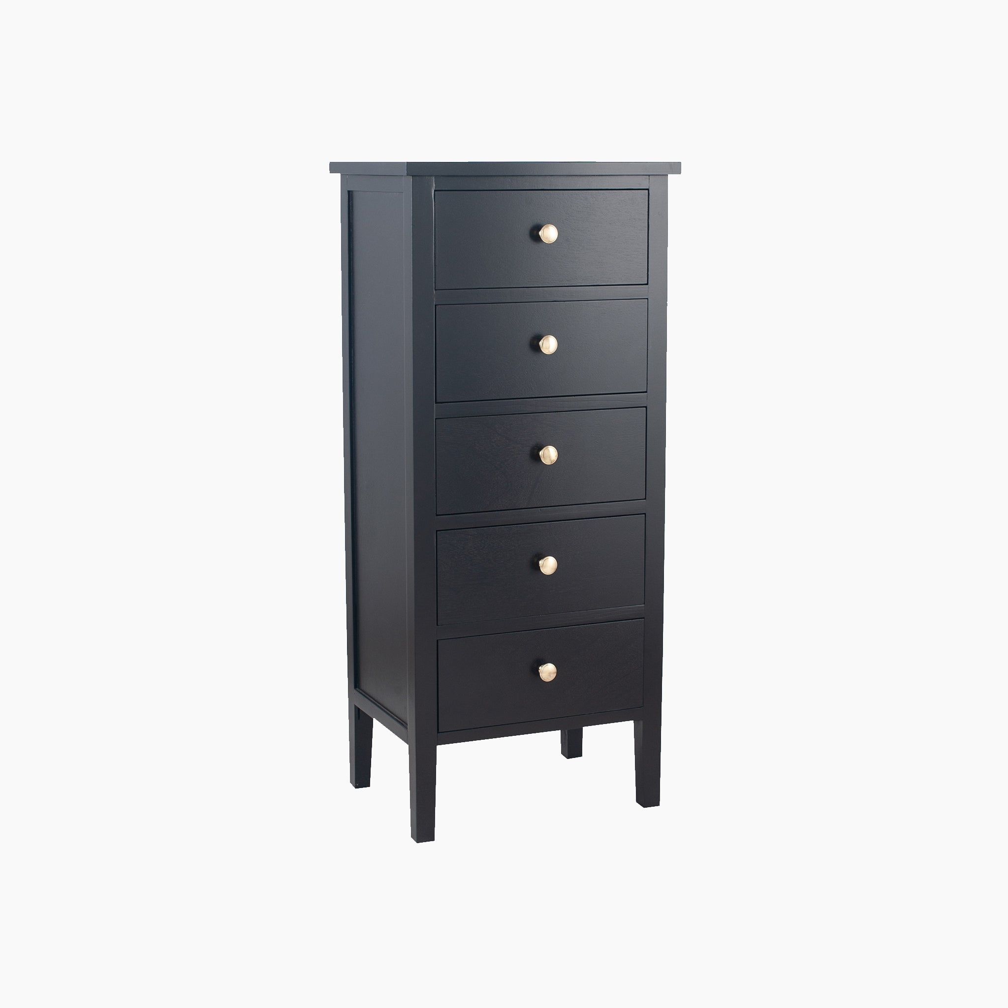 The Tall Fairford Collection dresser in satin black pine wood features five drawers, each with a round knob, set against a plain white background. It is known as the Pacific Lifestyle - Fairford Satin Black Pine Wood 5 Drawer Tall Boy.