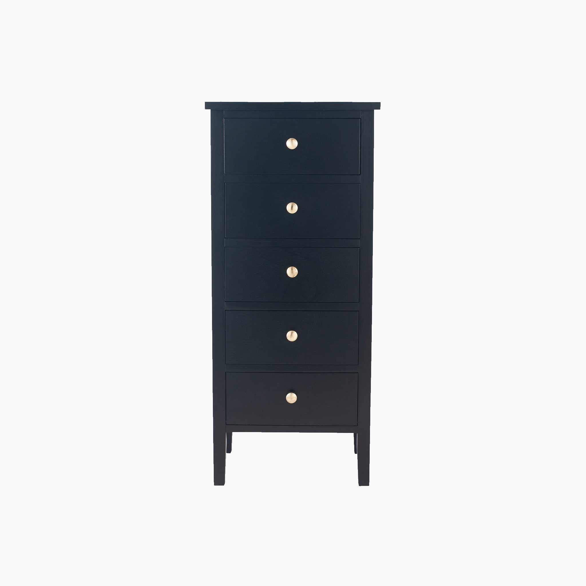The Pacific Lifestyle Fairford Satin Black Pine Wood 5 Drawer Tall Boy features round knobs and a mid-century look, isolated on a white background.