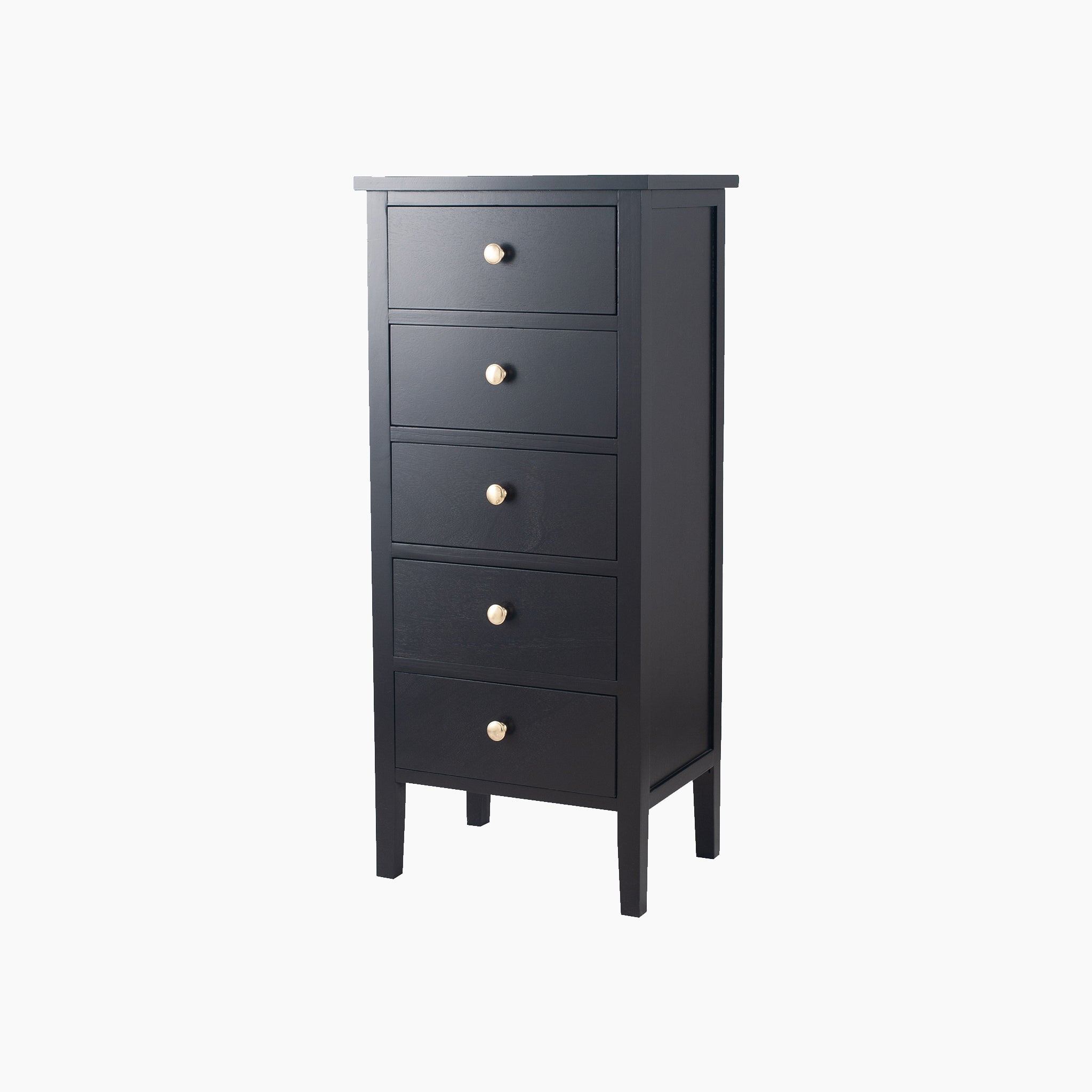 The Pacific Lifestyle Fairford Satin Black Pine Wood 5 Drawer Tall Boy exudes classic elegance with round knobs on a white backdrop, part of the mid-century inspired Fairford Collection.