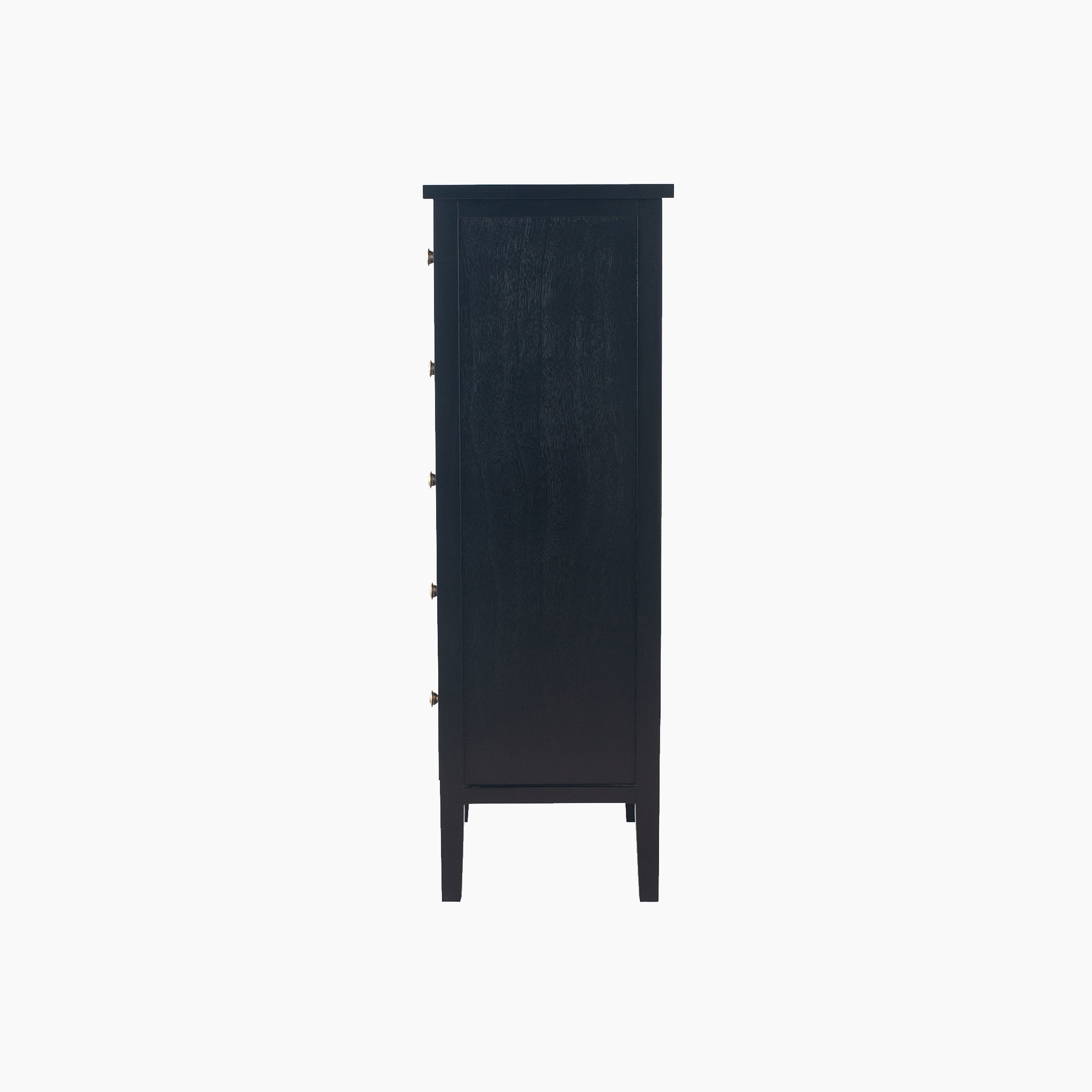 Side view of the Pacific Lifestyle - Fairford Satin Black Pine Wood 5 Drawer Tall Boy, showcasing minimalist design with sleek metal handles and a mid-century look.