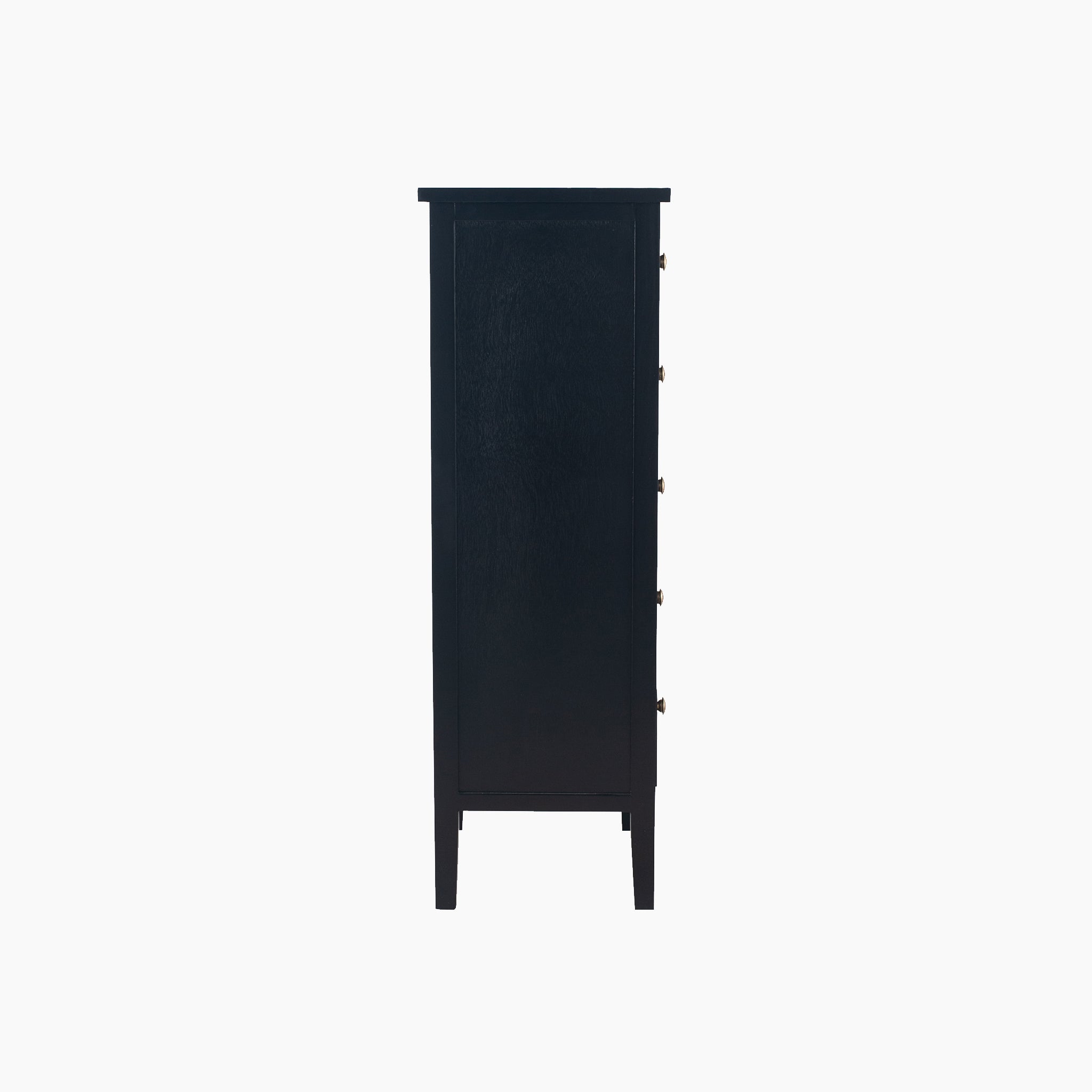 Side view of the Pacific Lifestyle Fairford Satin Black Pine Wood 5 Drawer Tall Boy, a tall and narrow black wooden cabinet from the Fairford Collection. Its timeless elegance and refined mid-century look are crafted from satin black pine wood.