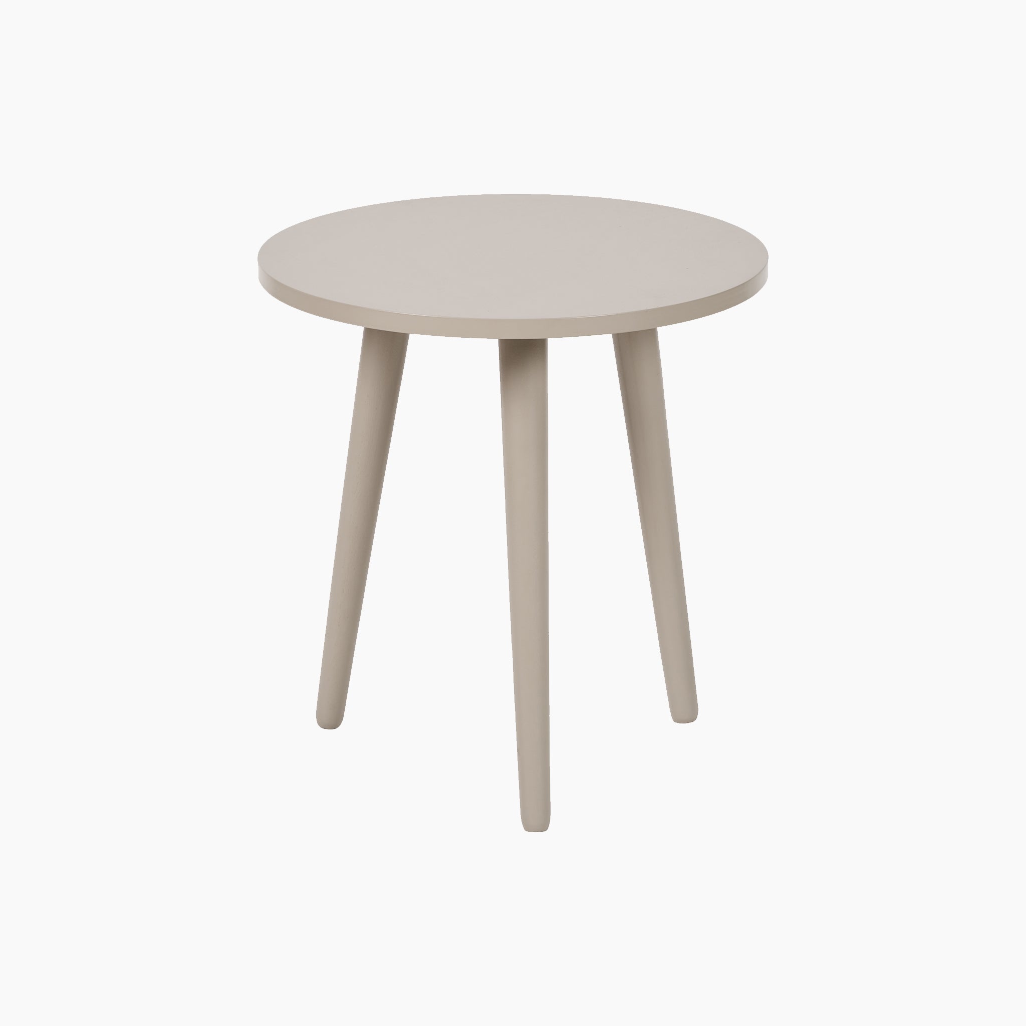 The Pacific Lifestyle Devonshire Putty Pine Wood Side Table showcases a round, light beige top with three angled legs, offering mid-century style in a compact form—ideal for modern living spaces.
