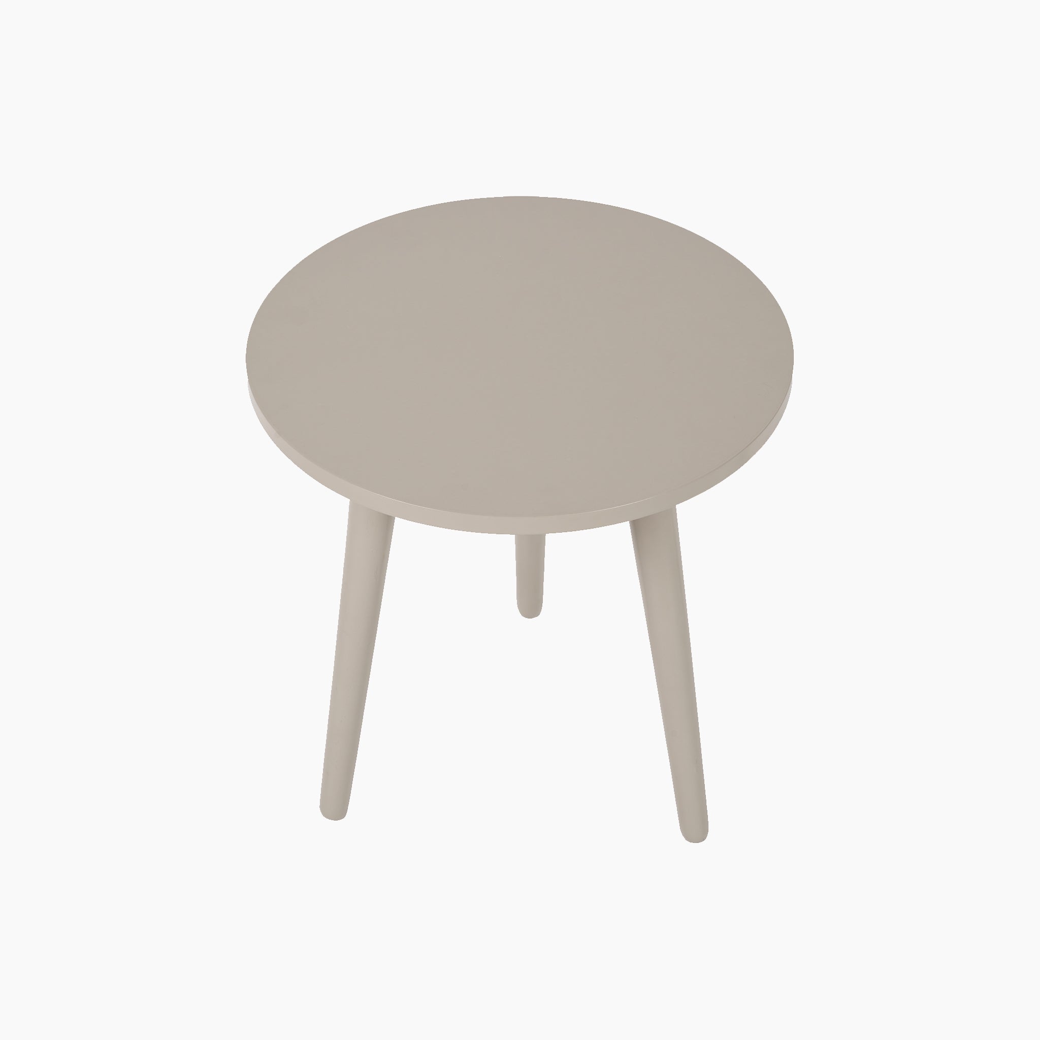 The Pacific Lifestyle Devonshire Putty Pine Wood Side Table features a round, light gray design with three legs and a compact silhouette, displayed against a plain white background.