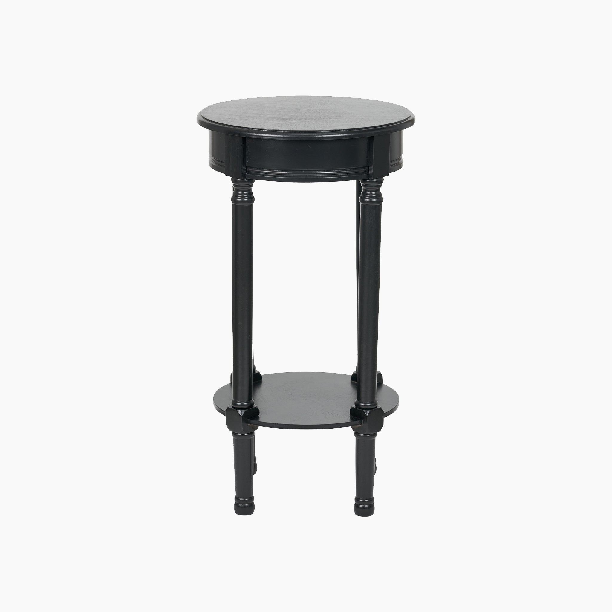 The Heritage Collection's black lacquered accent table by Pacific Lifestyle showcases a small, round design with sturdy legs and a handy lower shelf.