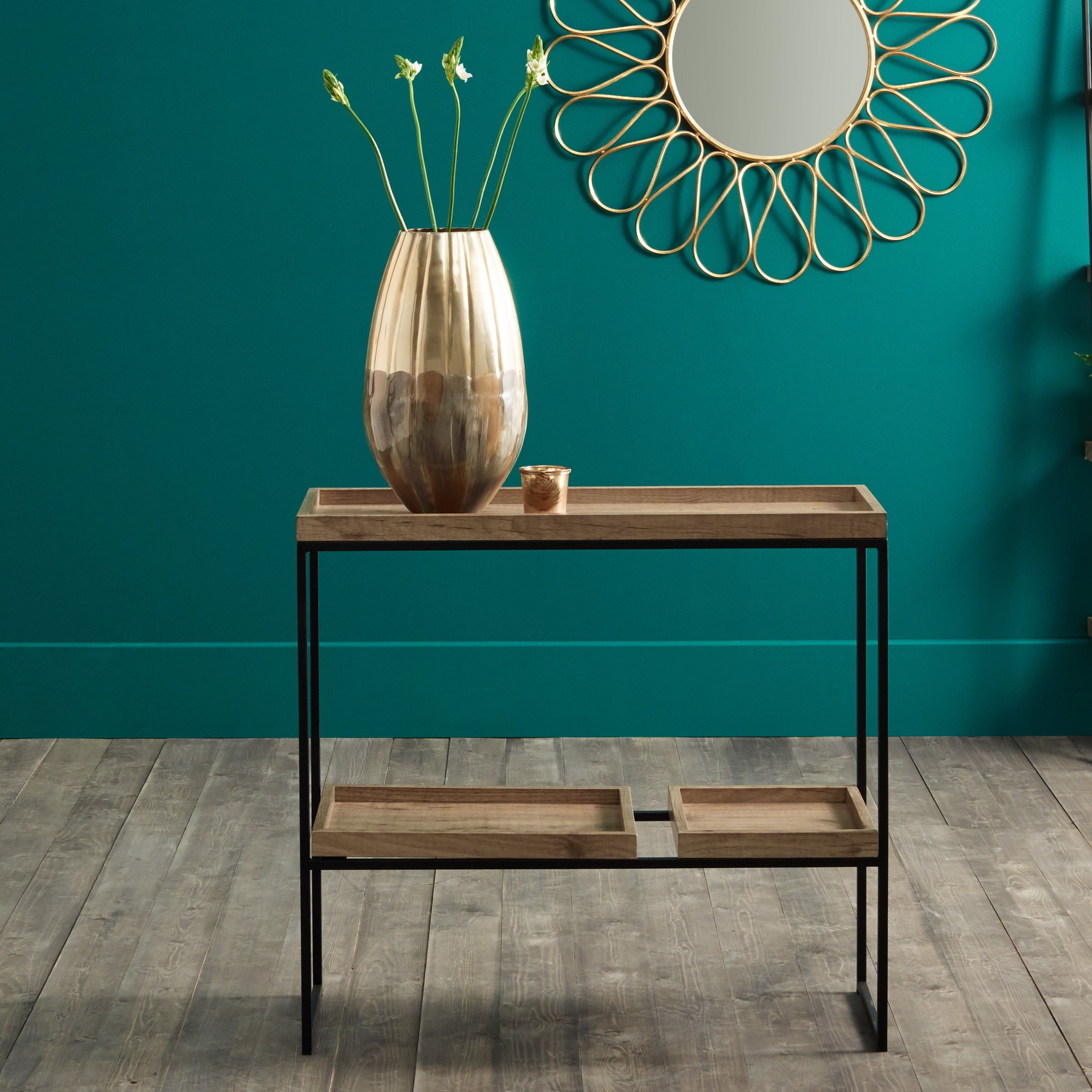 Gallery Natural Wood Veneer & Black Metal 2 Shelf Unit