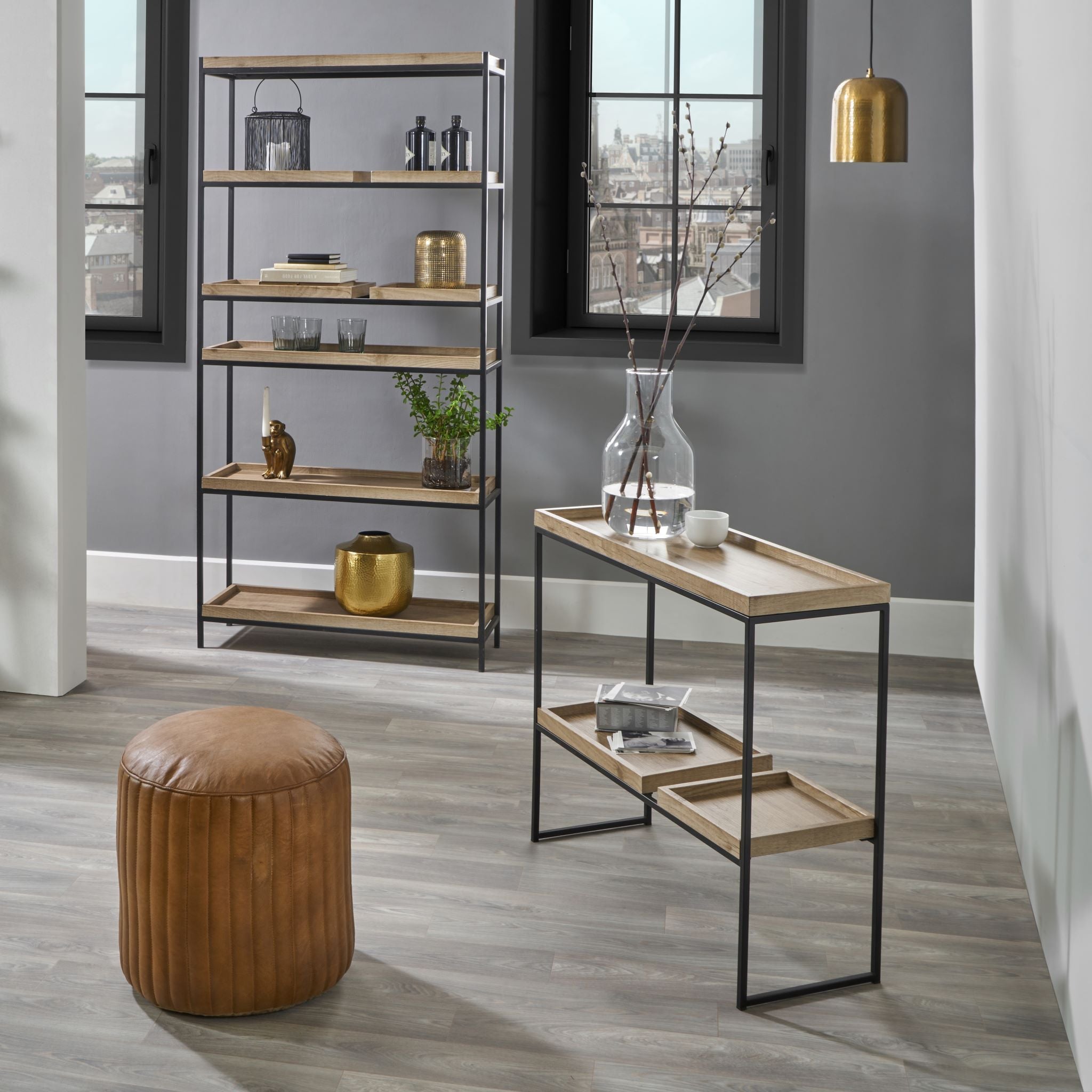 Gallery Natural Wood Veneer & Black Metal 2 Shelf Unit