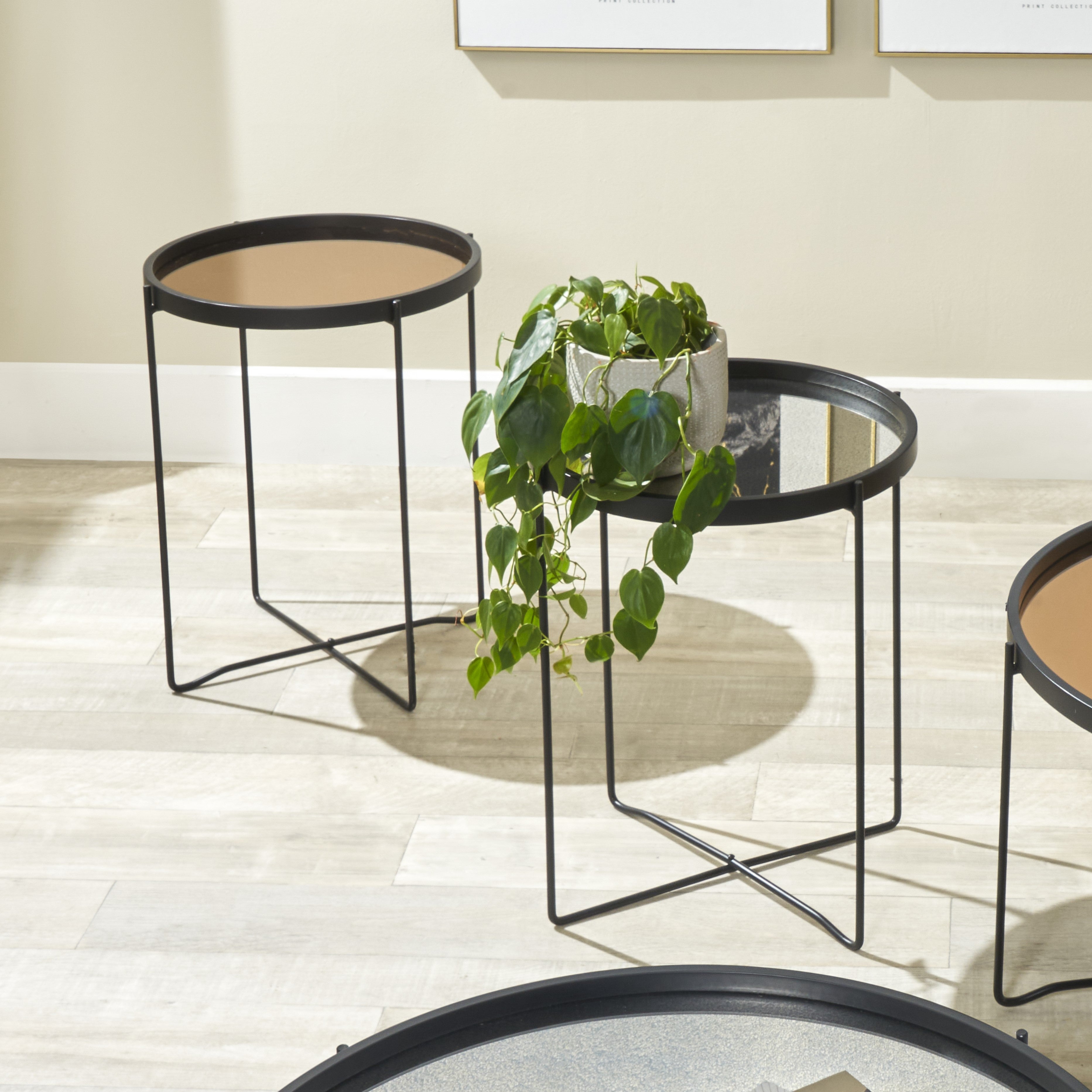 Voss Matte Black Wood & Metal Side Table Copper Glass
