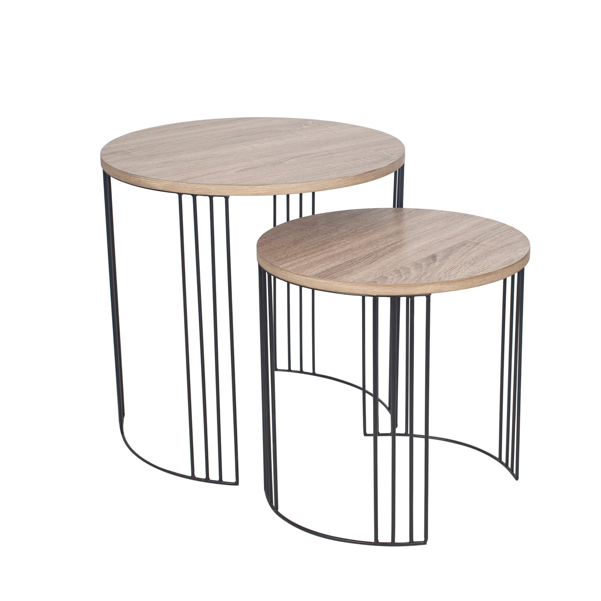 The Pacific Lifestyle Atri set features two round side tables with a dark wood effect and sleek black metal legs, perfect for contemporary interiors, with one table larger than the other.