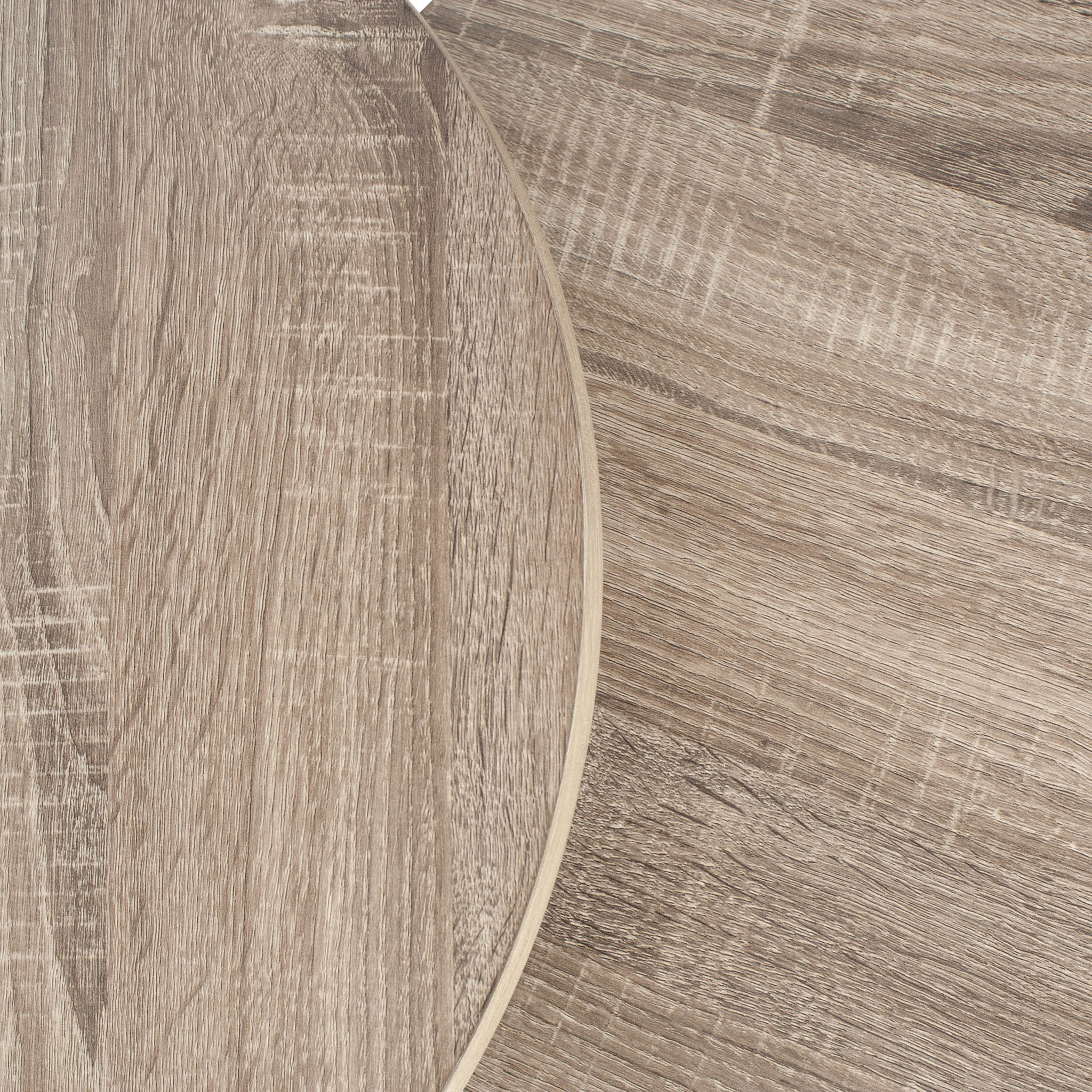The Pacific Lifestyle Atri set includes two round side tables in dark wood with unique grain patterns, complemented by sleek black metal legs to enhance any contemporary interior.