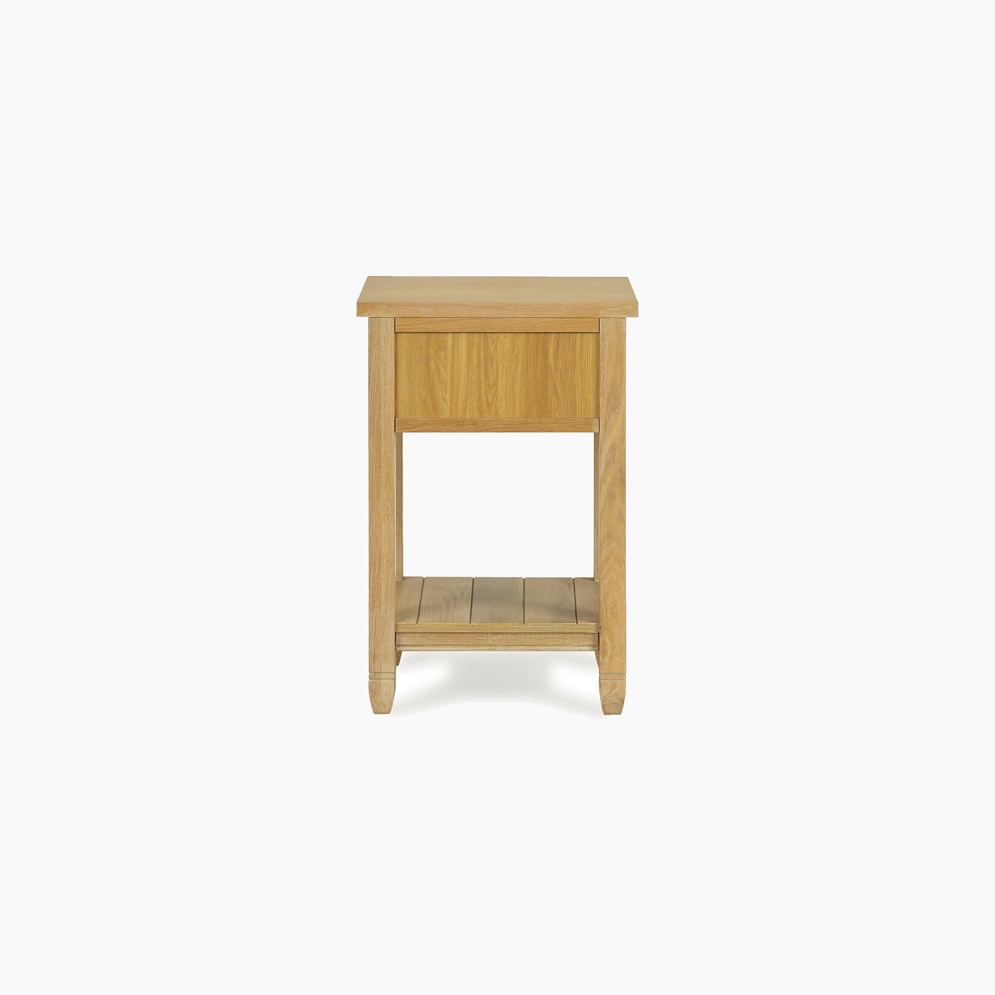 Amberley Bedside Table in Light Oak, featuring one drawer and an open shelf, shown against a white background.
