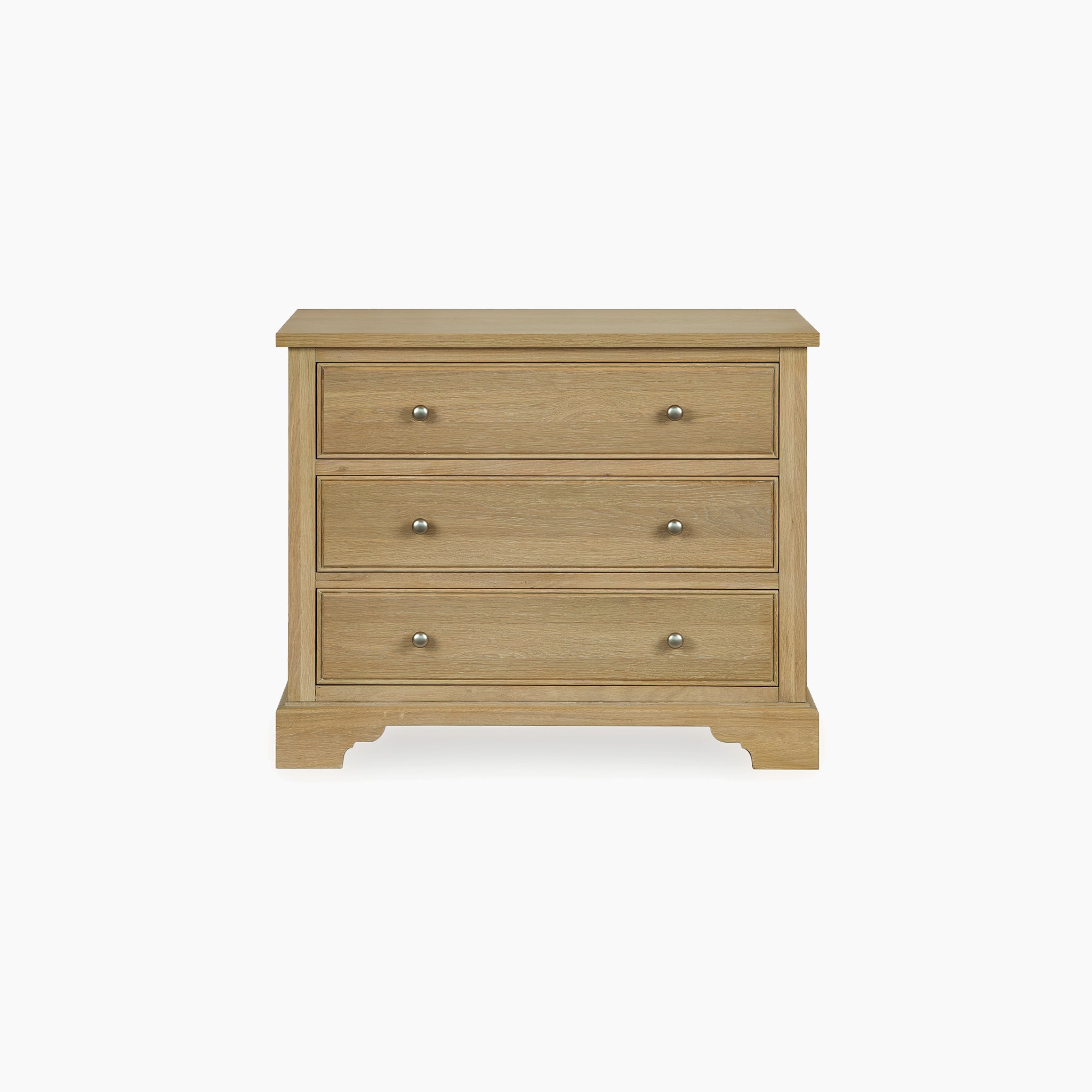 The Amberley 3 Chest of Drawers in Light Oak features three spacious drawers with metal knobs, providing ideal bedroom storage and is shown against a plain white background.