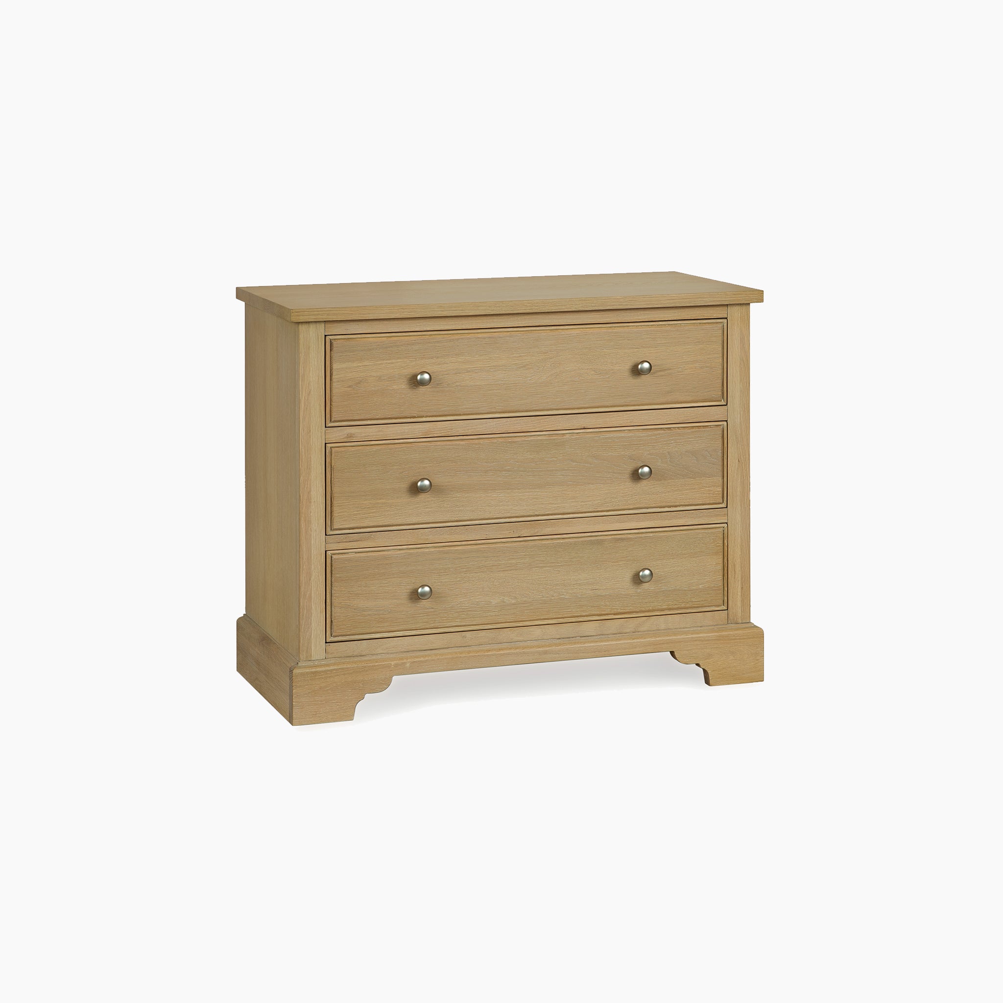 The Amberley 3 Chest of Drawers in Light Oak features three spacious drawers with round metal knobs, providing stylish bedroom storage against a plain white background.