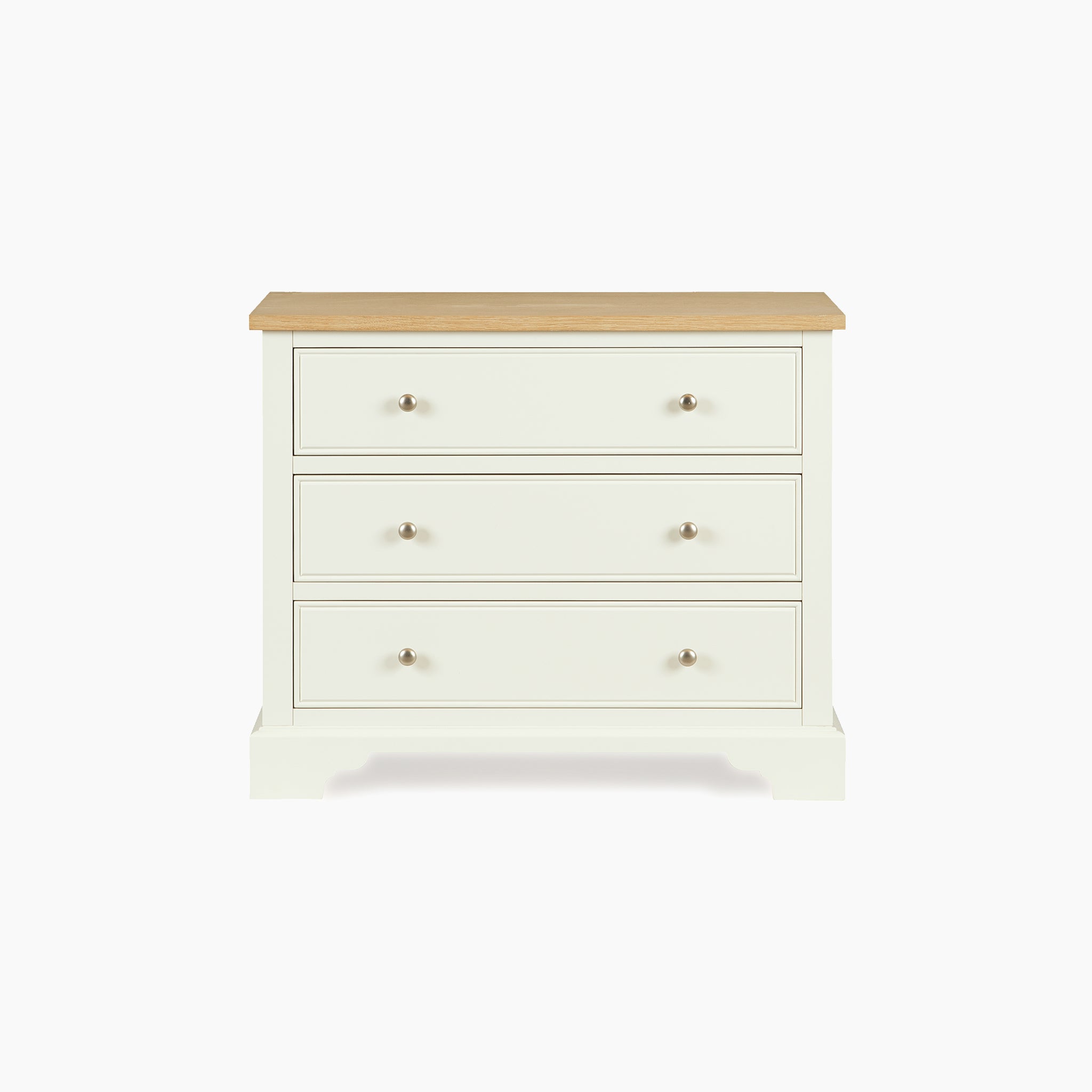 The Amberley 3 Chest of Drawers in Warm White features a light wood top and silver knobs for a stylish, functional storage solution. Its compact design makes it ideal for bedrooms, blending oak accents with modern appeal. Shown against a white background.