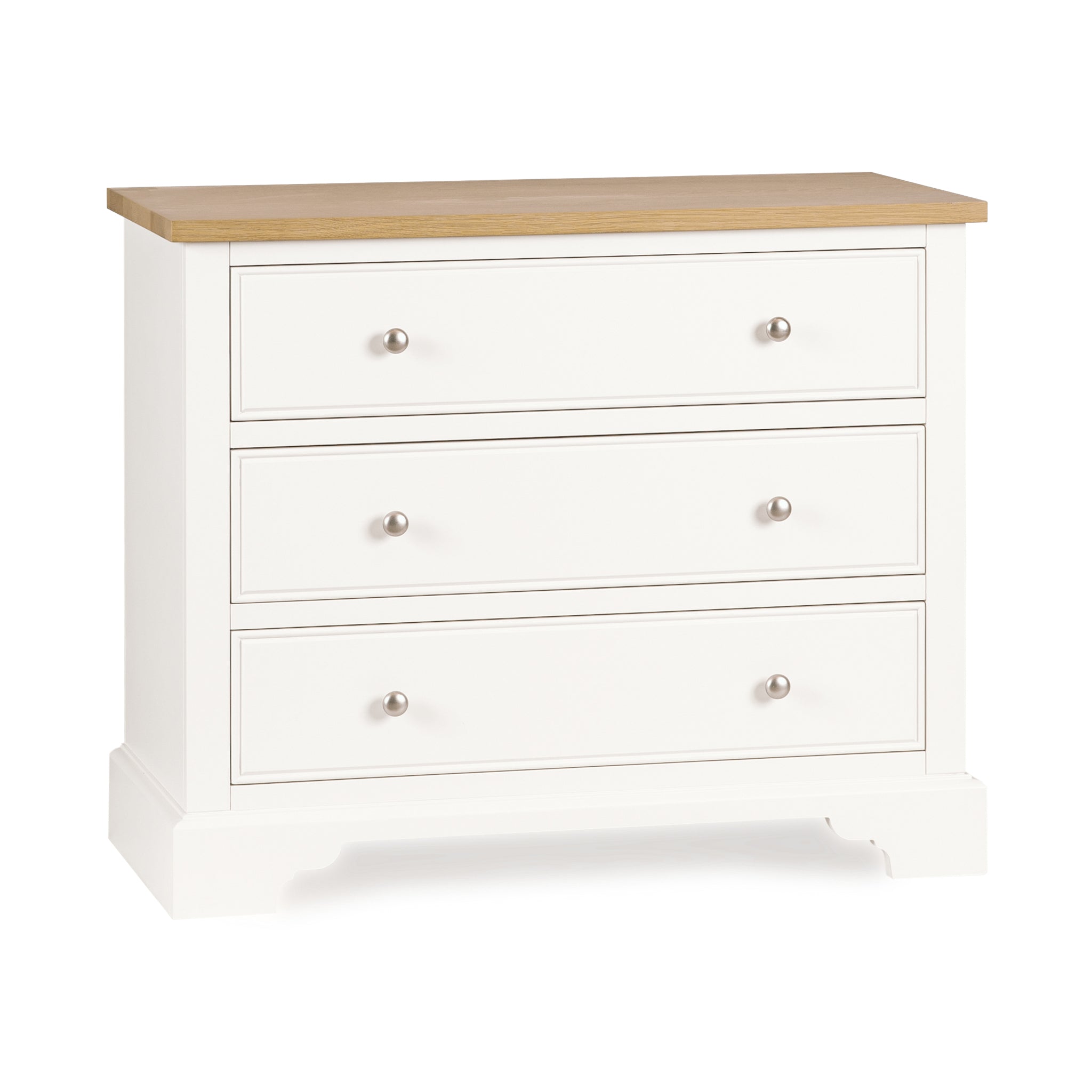 The Amberley 3 Chest of Drawers in Warm White features three spacious drawers, silver knobs, and a light brown wooden top—perfect for stylish and practical compact bedroom storage.